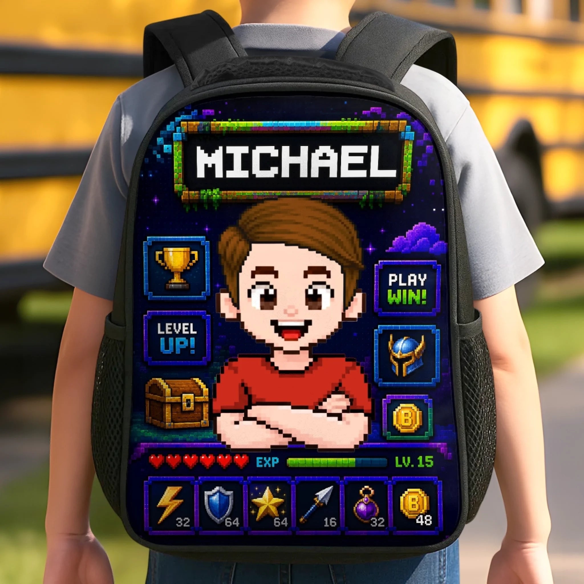 Custom Kids Front Printed Backpack, Personalized Back to School Gift, Press Start School Year