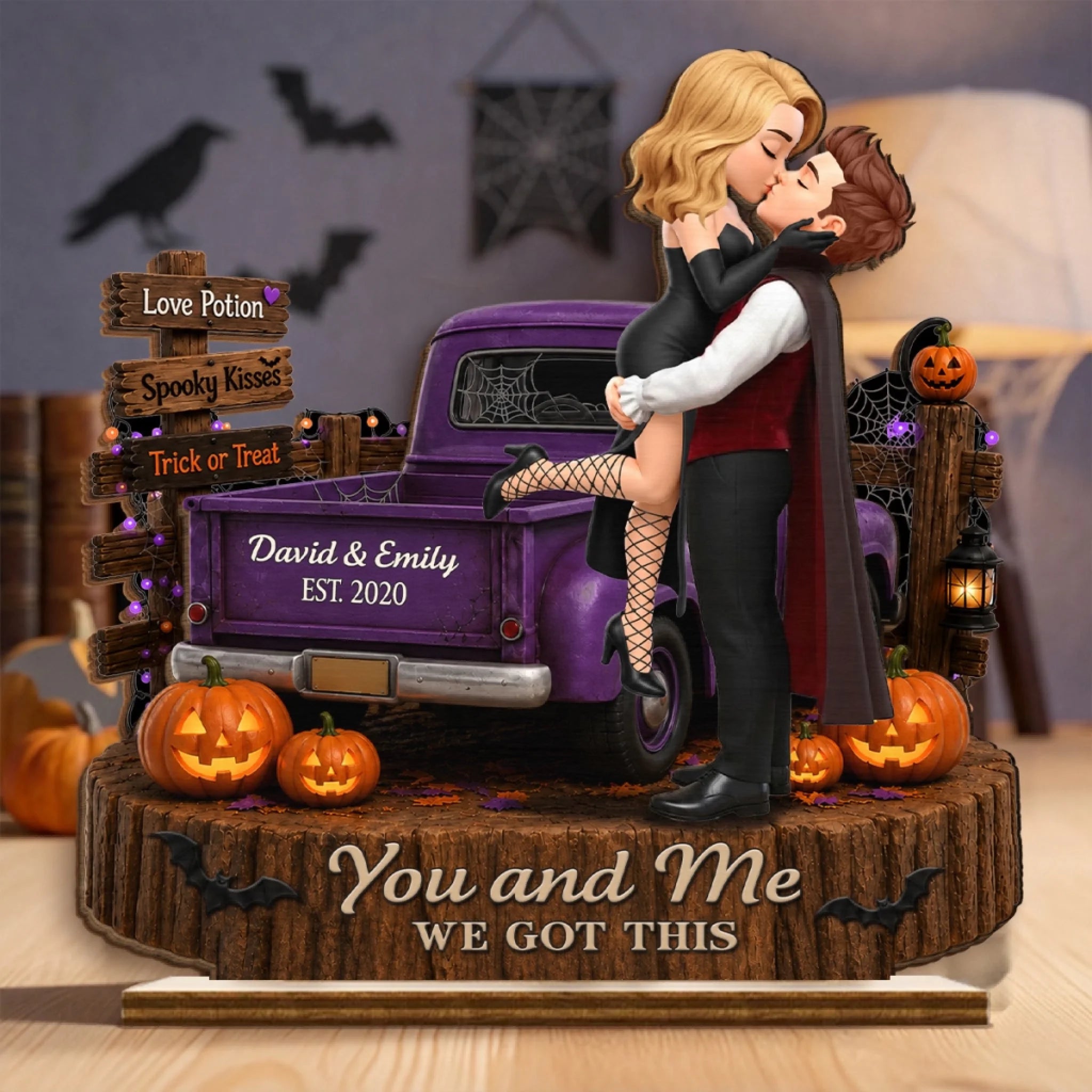 Custom 2-Layered Wooden Plaque with Flat Stand, Personalized Halloween Decor Gift for Couples