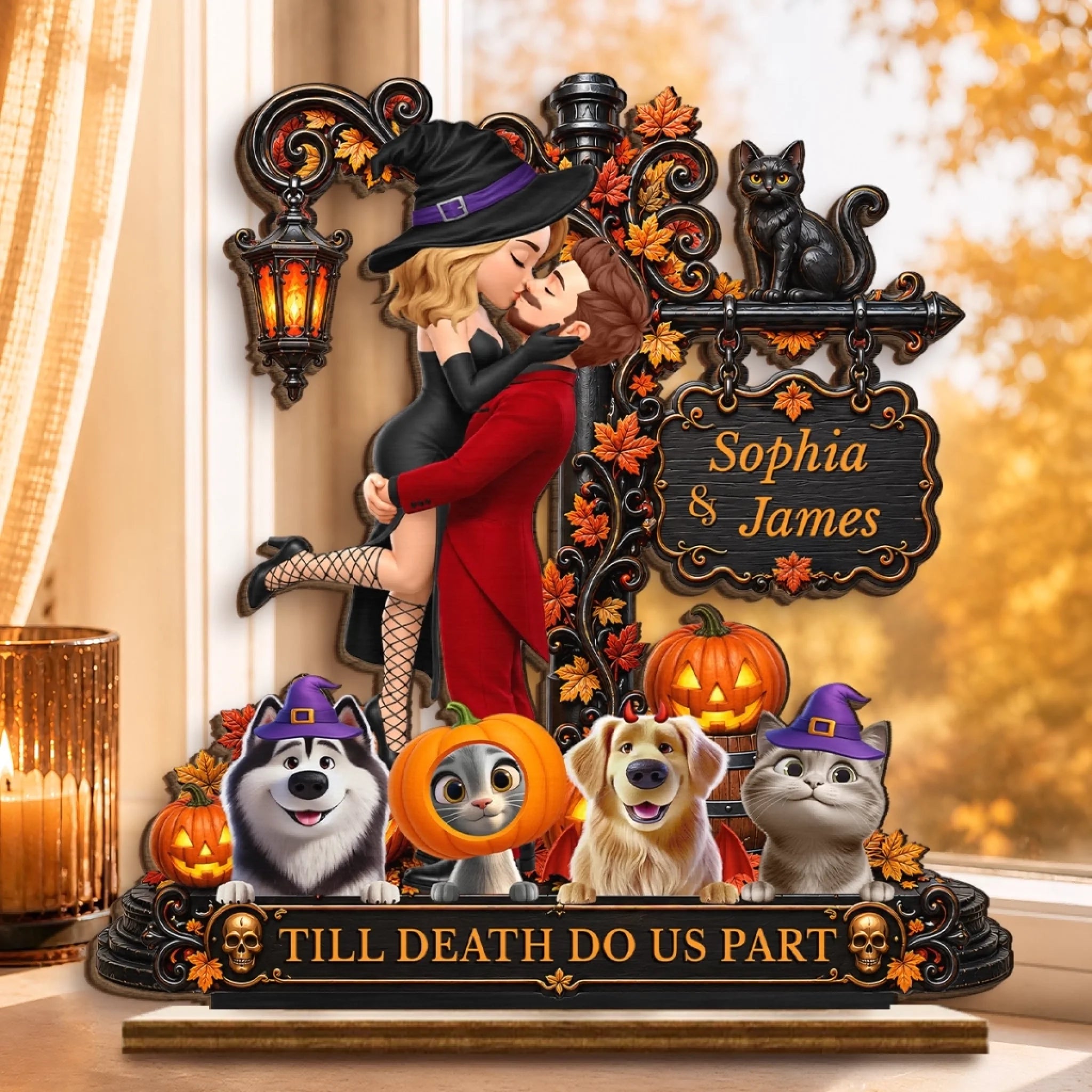 Custom 2-Layer Wooden Plaque, Personalized Halloween Decor Gift for Couples and Pet Lovers