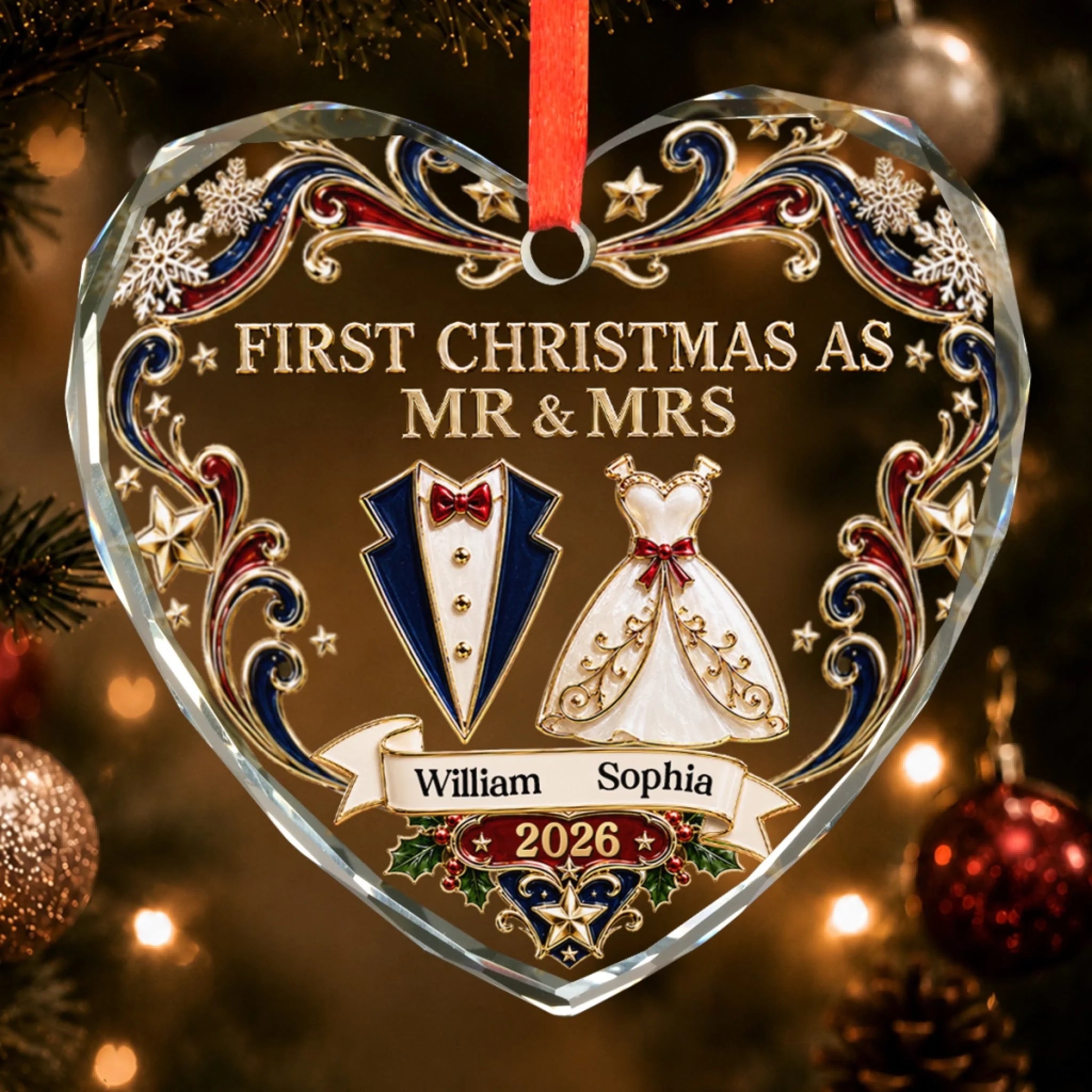 Custom First Christmas Heart Glass Ornament, Personalized Anniversary or Wedding Gift for Husband and Wife