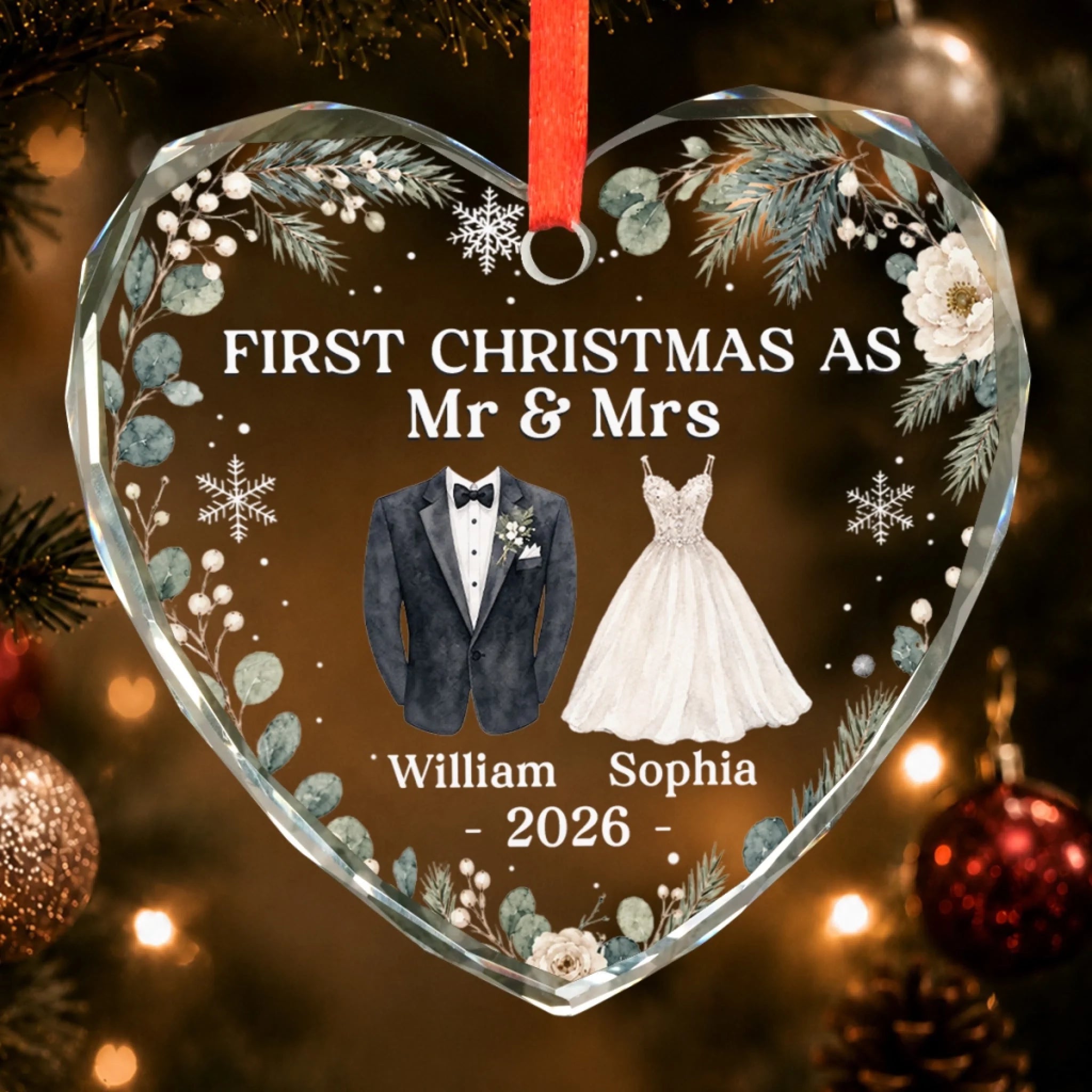 Custom First Christmas Heart Glass Ornament, Personalized Anniversary Wedding Gift for Husband and Wife
