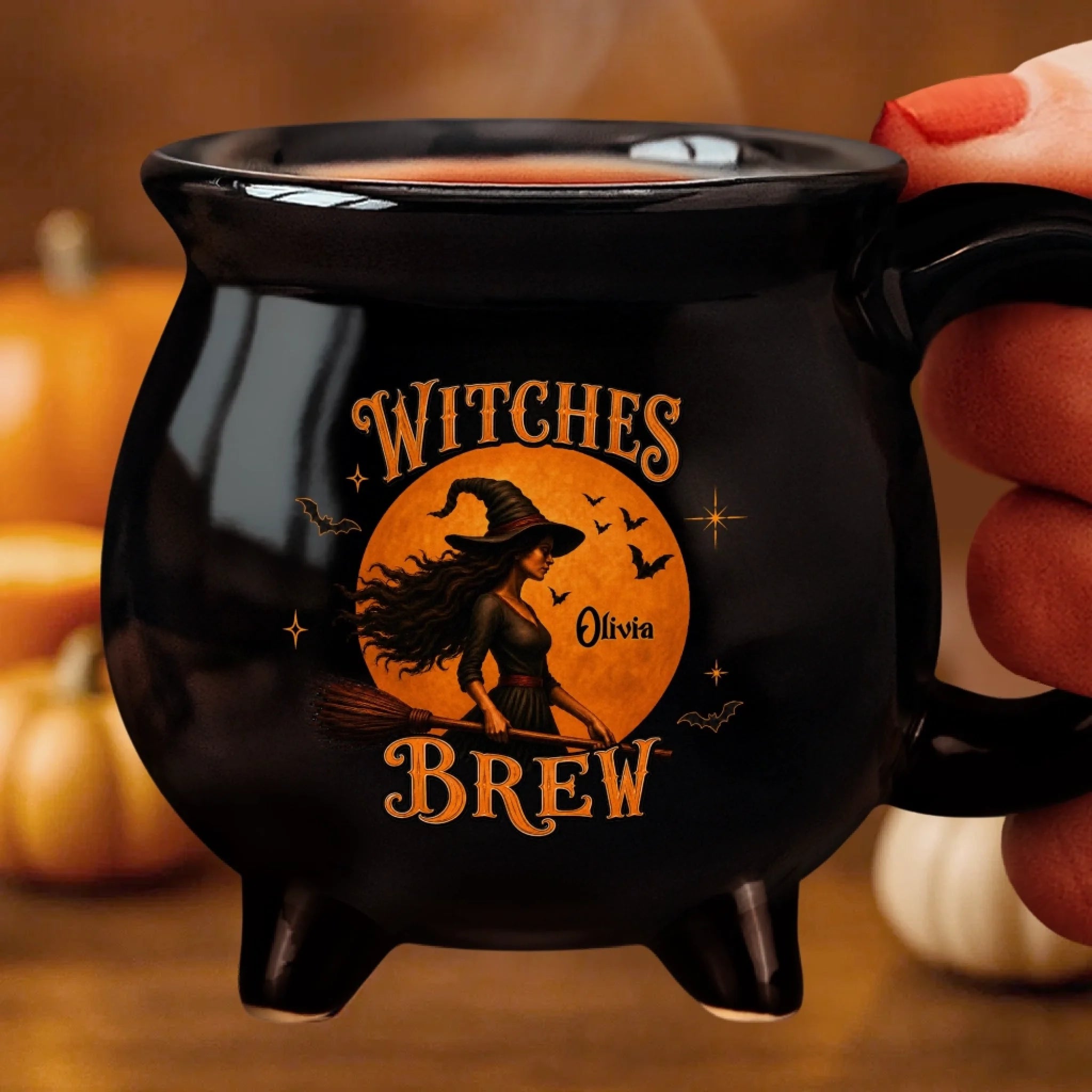Custom Witchy Cat 12oz Ceramic Cauldron Coffee Mug, Personalized Halloween Gift for Witches & Cat Lovers