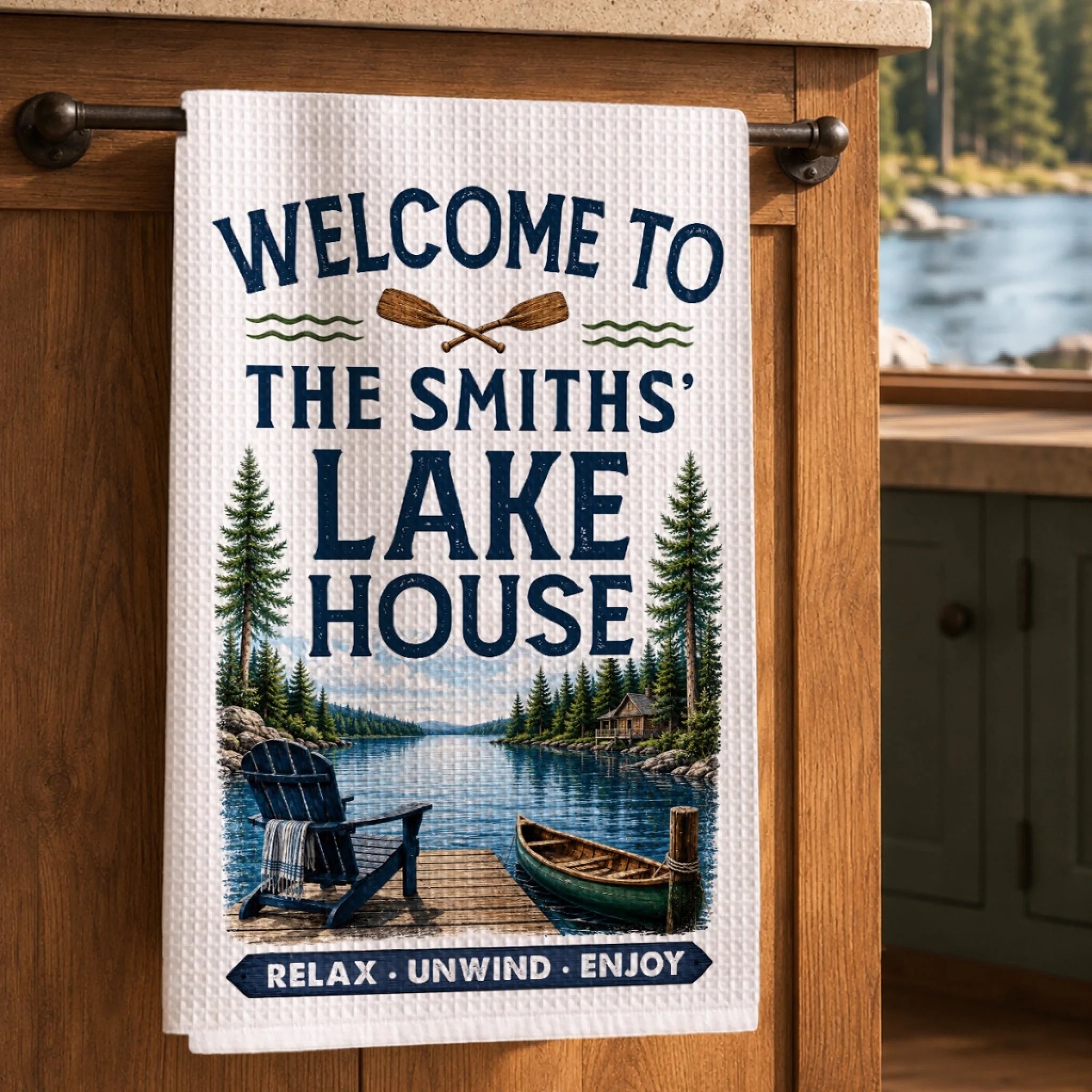 Personalized Lake House Kitchen Towel, Life Is Better Lakeside Summer Vacation Gift for Family