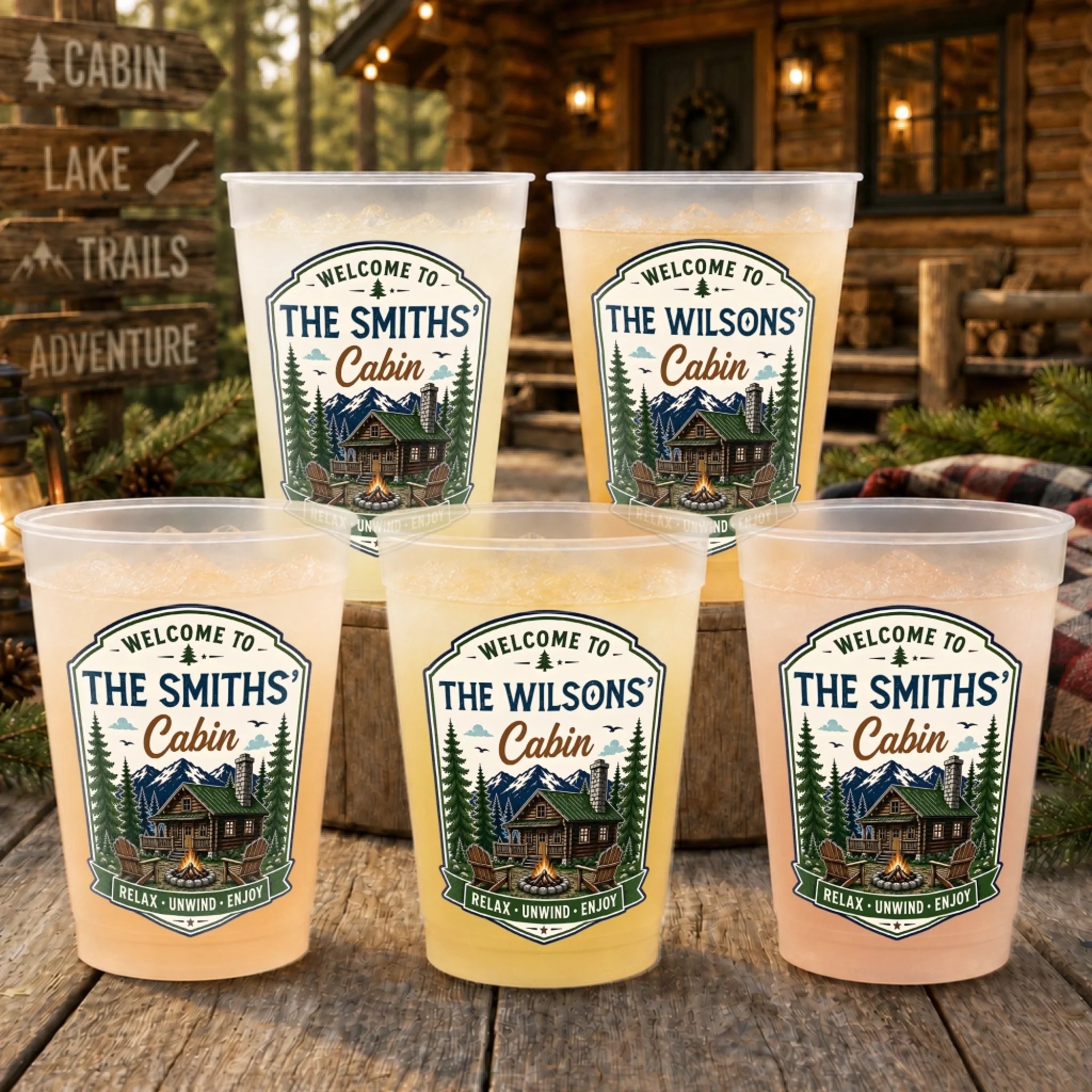 Custom Cabin Party Cups, Personalized Plastic Cups for Summer Vacation Travel Gifts