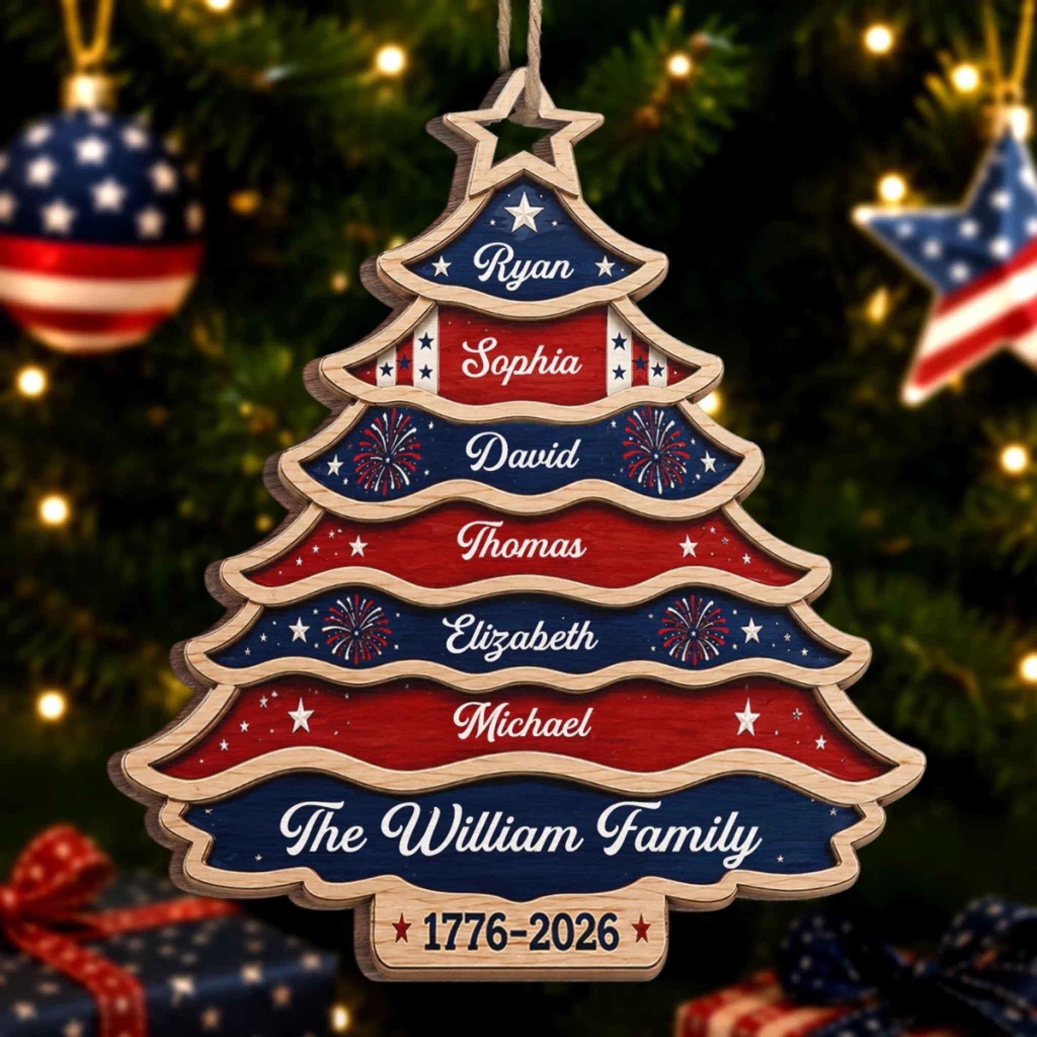Custom Wooden Ornament Personalized America 250th Anniversary Christmas Gift for Family