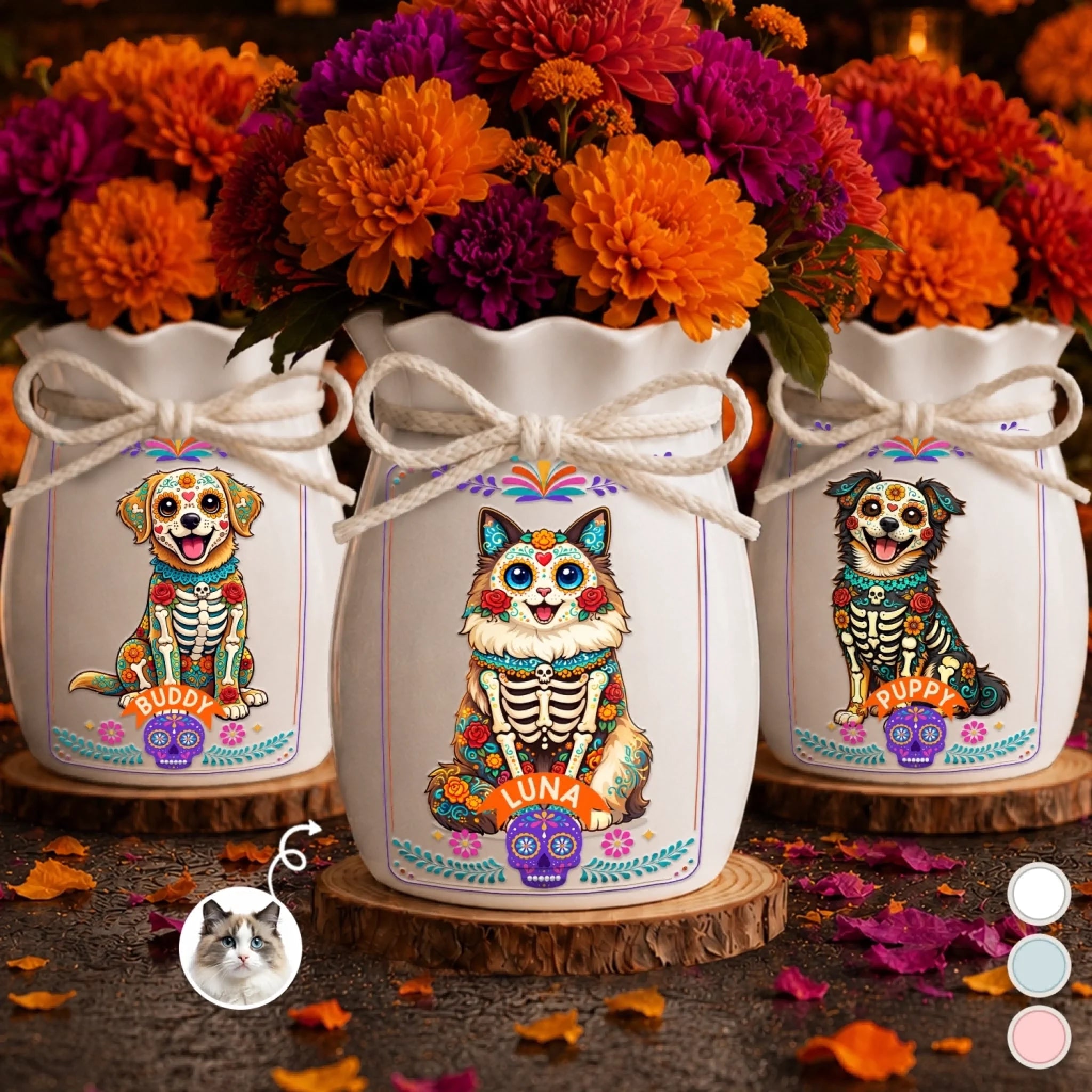 Personalized Day of the Dead Ceramic Flower Vase with Photo, Pet Memorial Sympathy Gift for Dogs or Cats