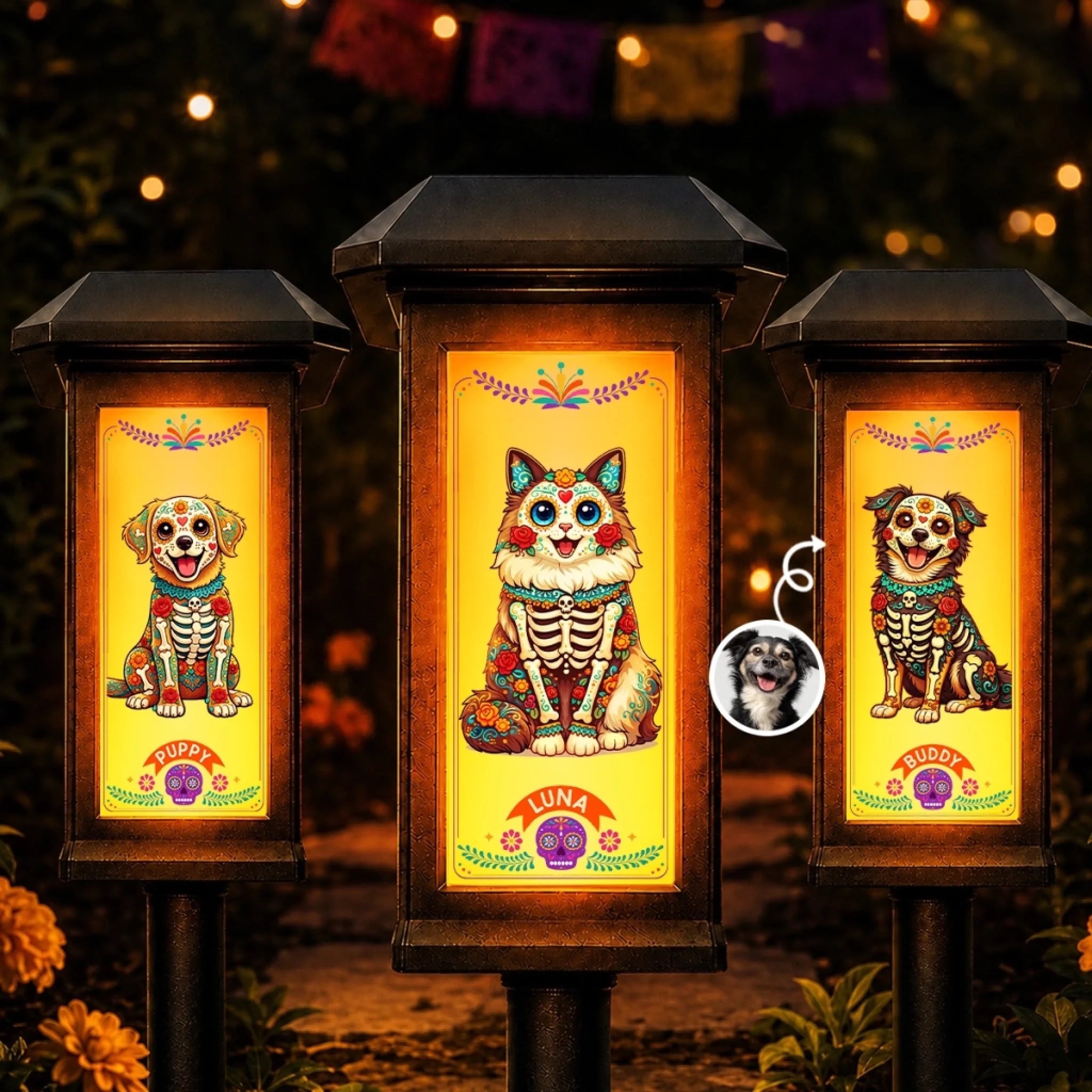 Custom Photo Day Of The Dead Solar Garden Light, Personalized Pet Memorial Gift for Dogs and Cats