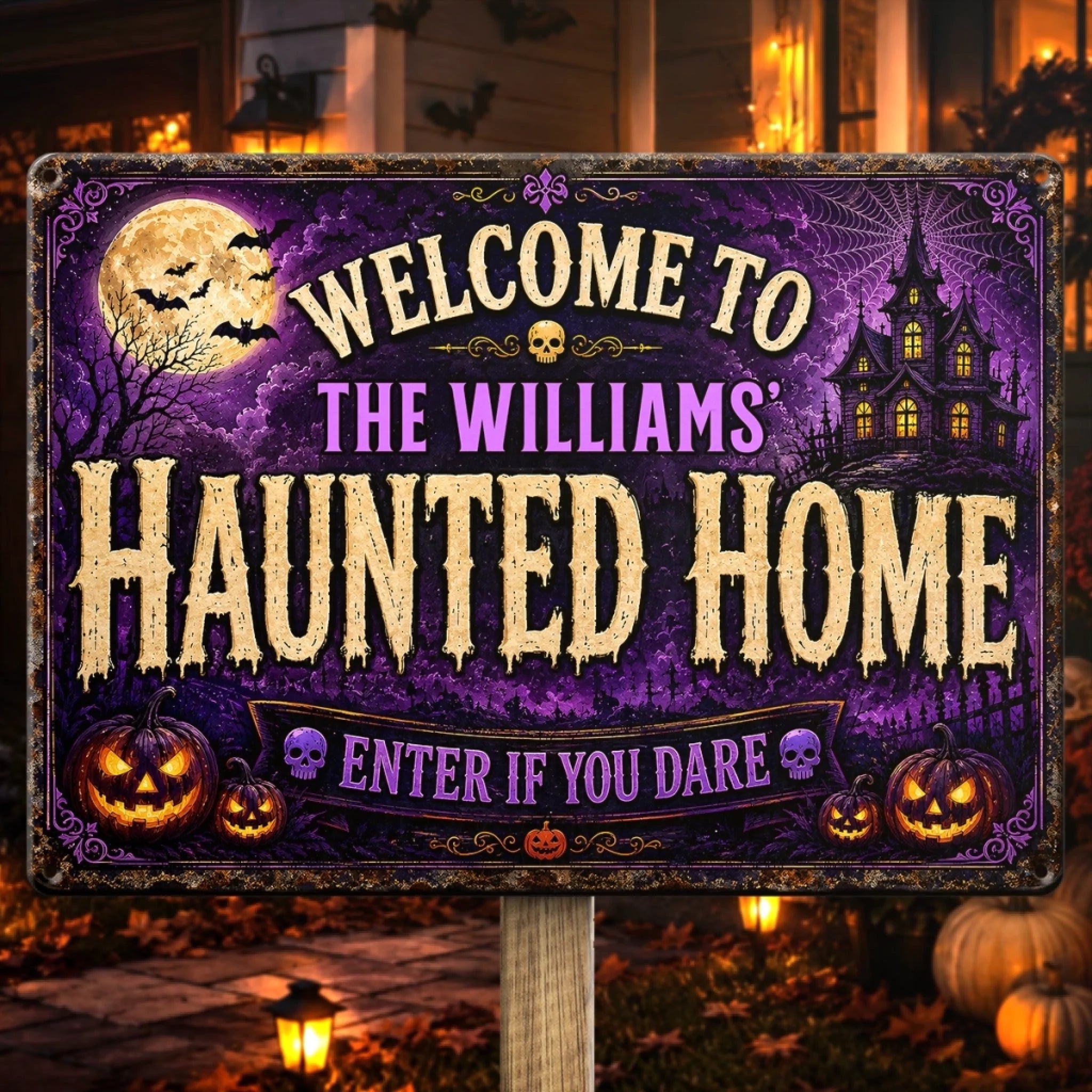 Custom Haunted Home Decor Metal Sign, Personalized Halloween Gift for Mom Dad Brother Sister