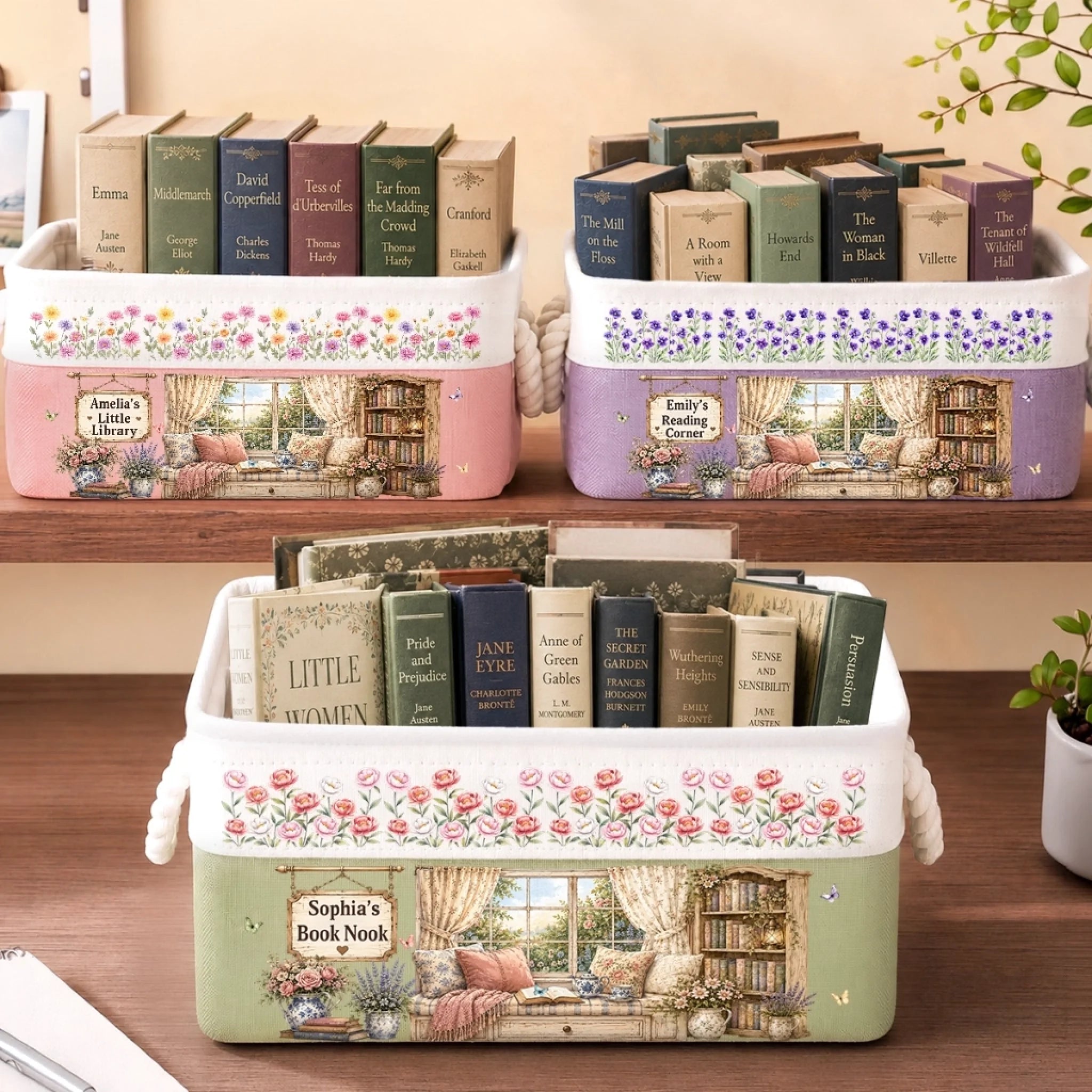 Custom Storage Basket for Book Lovers, Personalized Bookish Gift, Where Peonies and Books Greet You