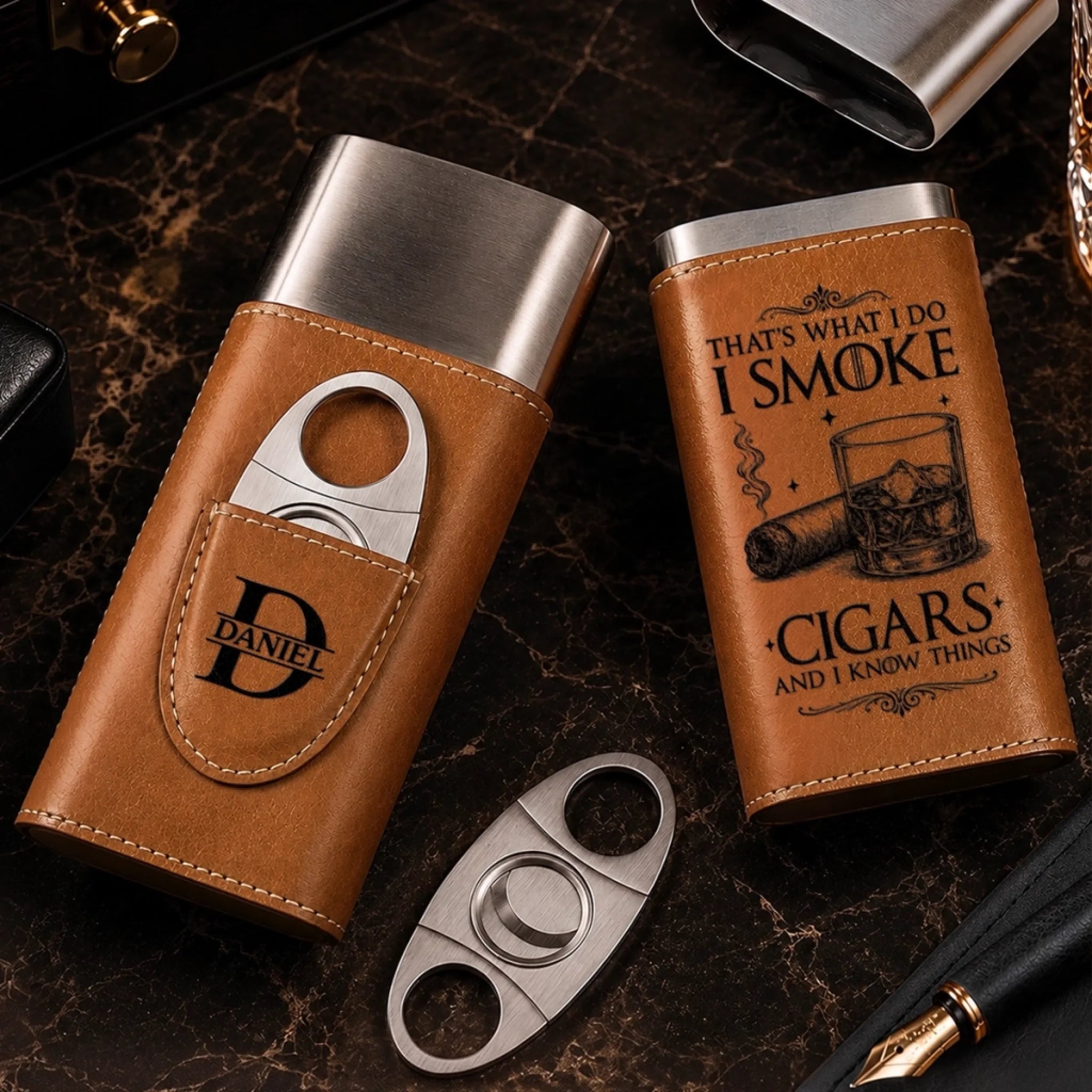 Custom Leather Cigar Case With Cutter, Personalized Birthday Gift for Husband Dad Grandpa Brother