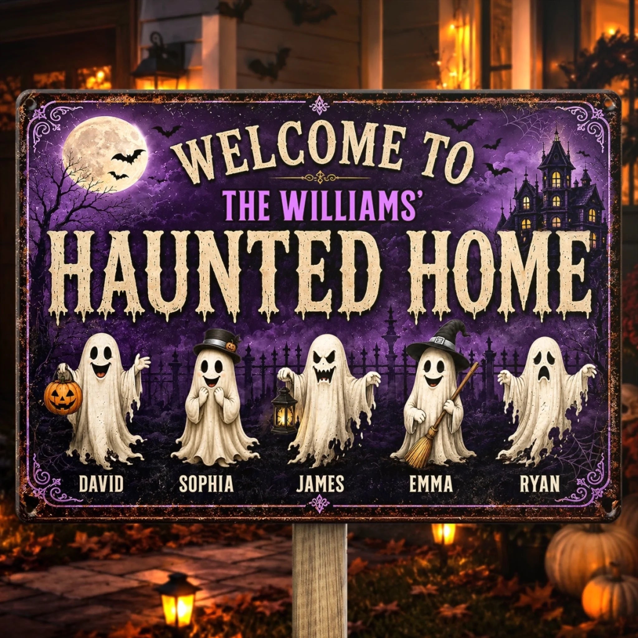 Custom Ghosts Live Here Full Time Metal Sign, Personalized Halloween Home Decor Gift for Family