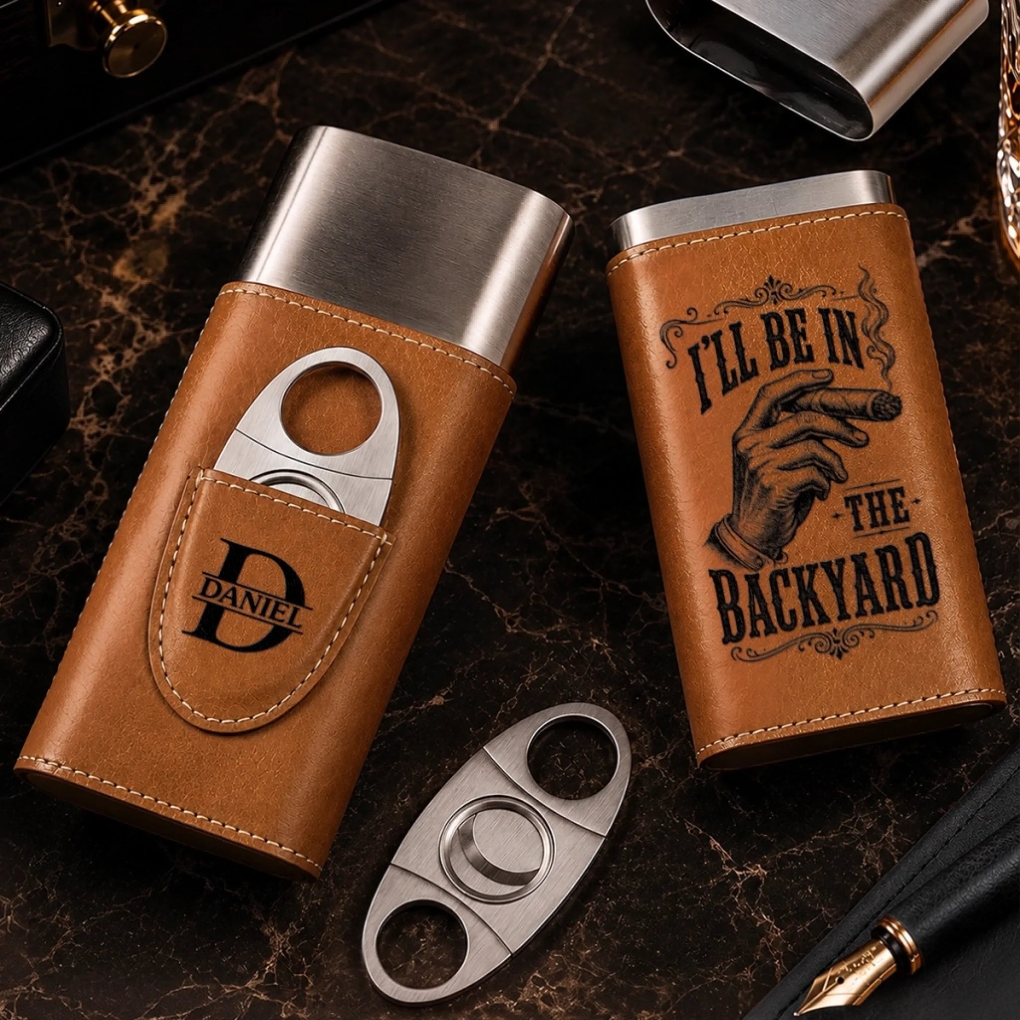 Personalized Leather Cigar Case With Cutter, Custom Birthday Gift for Husband, Dad or Grandpa