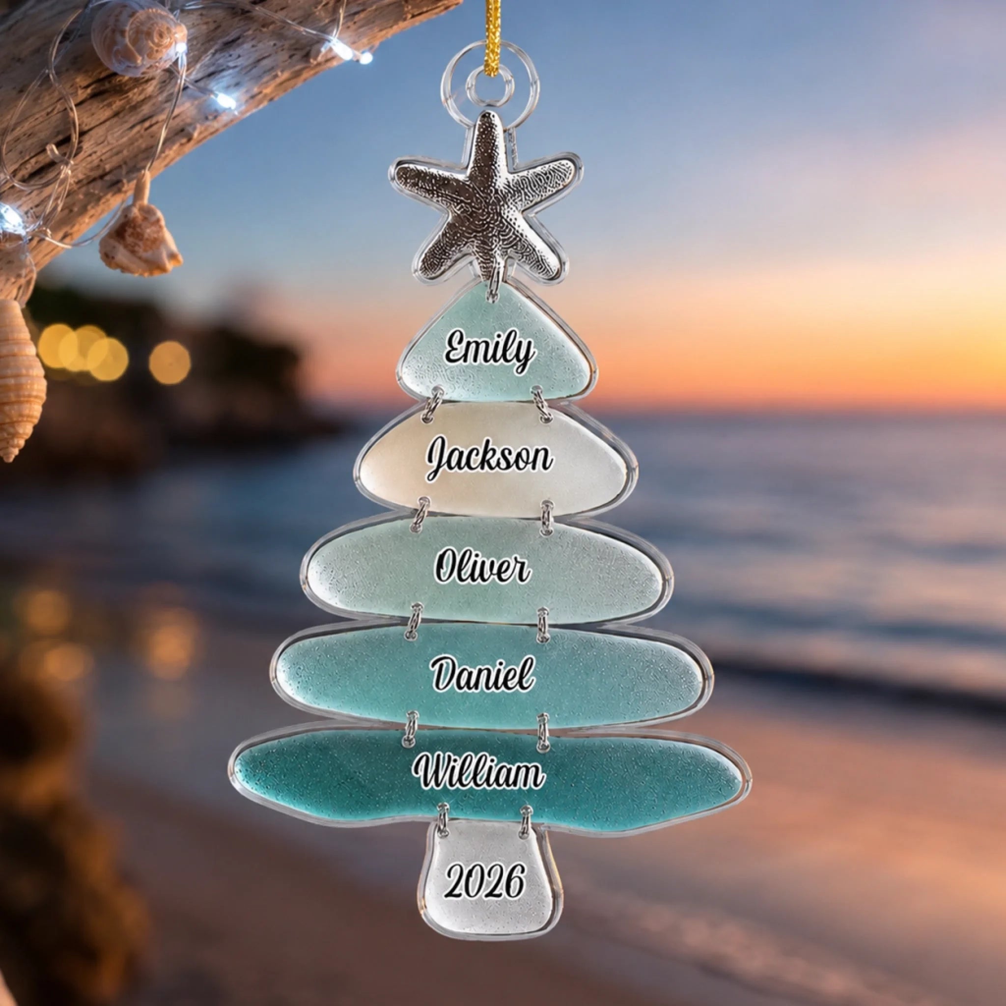 Custom Sea Glass Acrylic Ornament Personalized Christmas Gift for Family and Beach Lovers