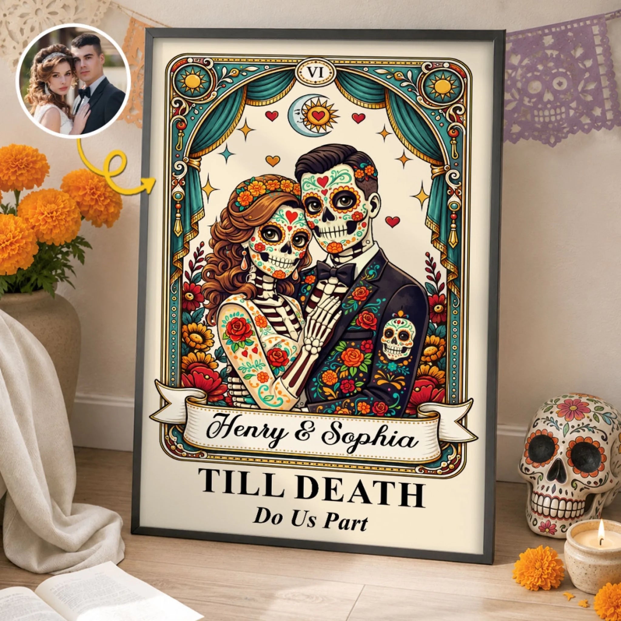 Custom Photo Day of the Dead Vertical Poster, Personalized Till Death Do Us Part Wedding Anniversary Gift