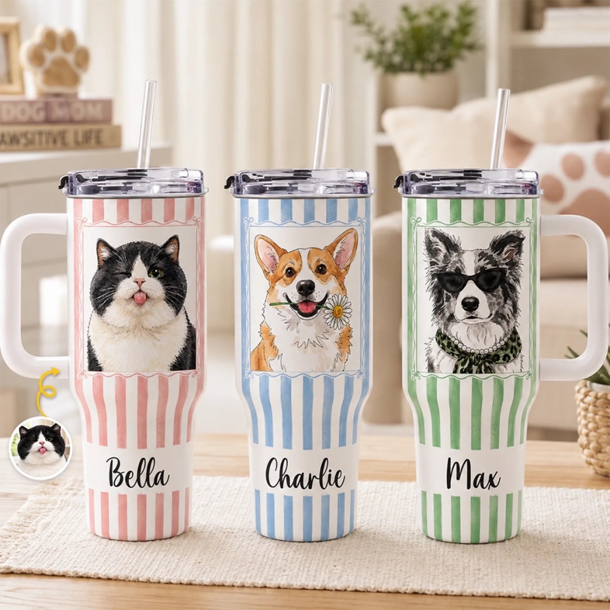Custom Photo 40 Oz Stainless Steel Tumbler With Handle, Personalized Gift for Dog and Cat Lovers