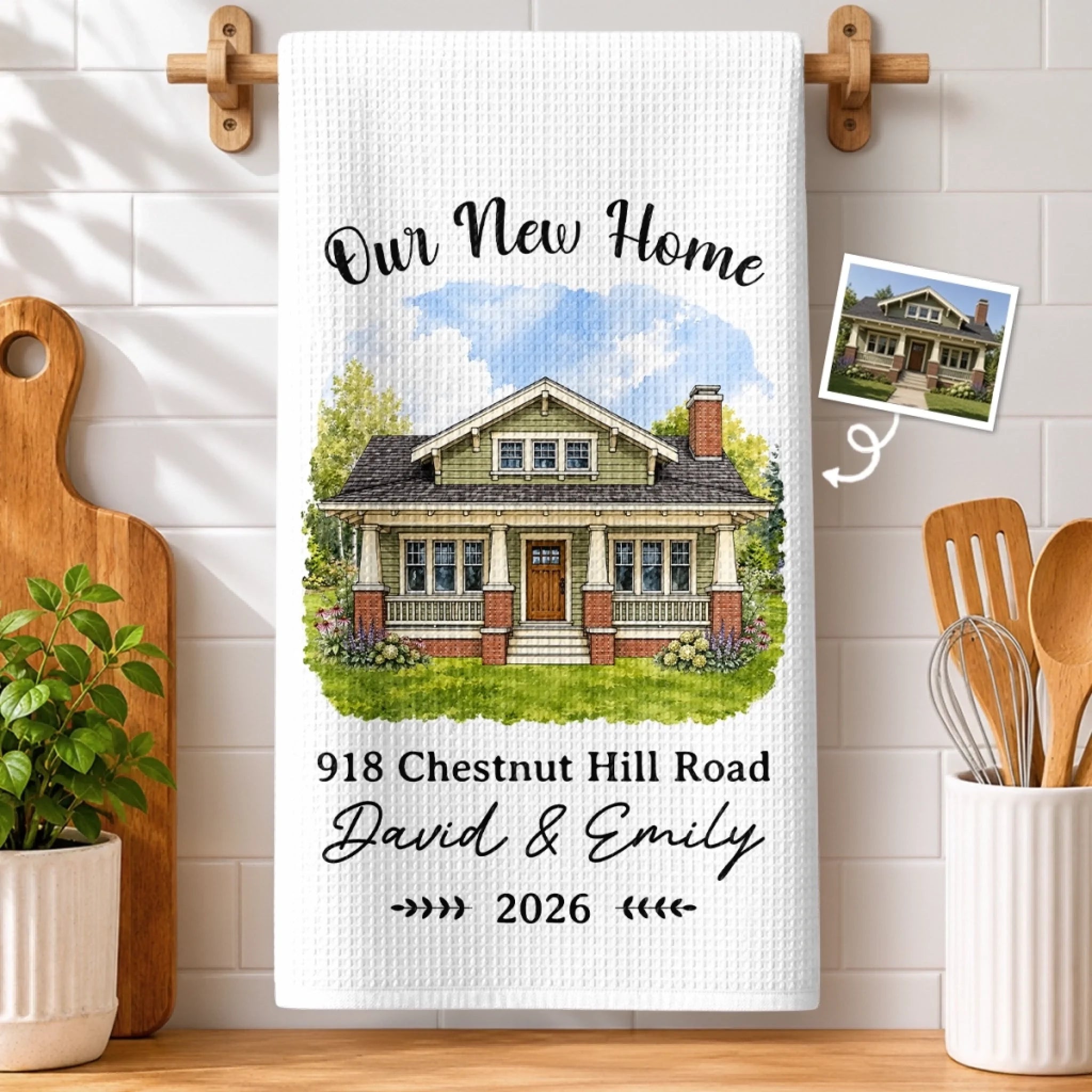 Custom Photo New Home Kitchen Towel, Personalized Anniversary, Christmas or Wedding Gift for Couples