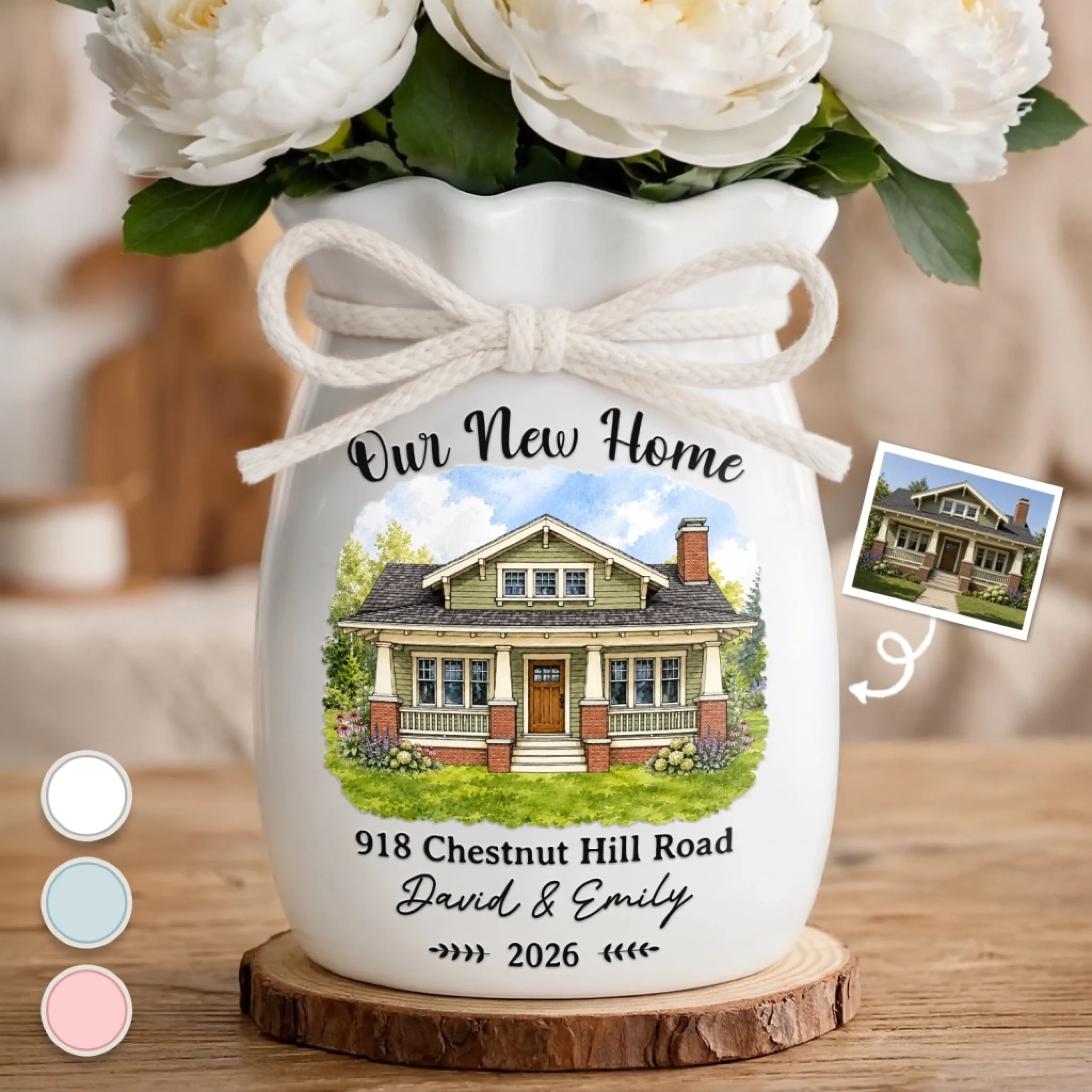 Custom Photo New Home Ceramic Flower Vase with Ribbon, Personalized Love Lives Here Gift for Couples