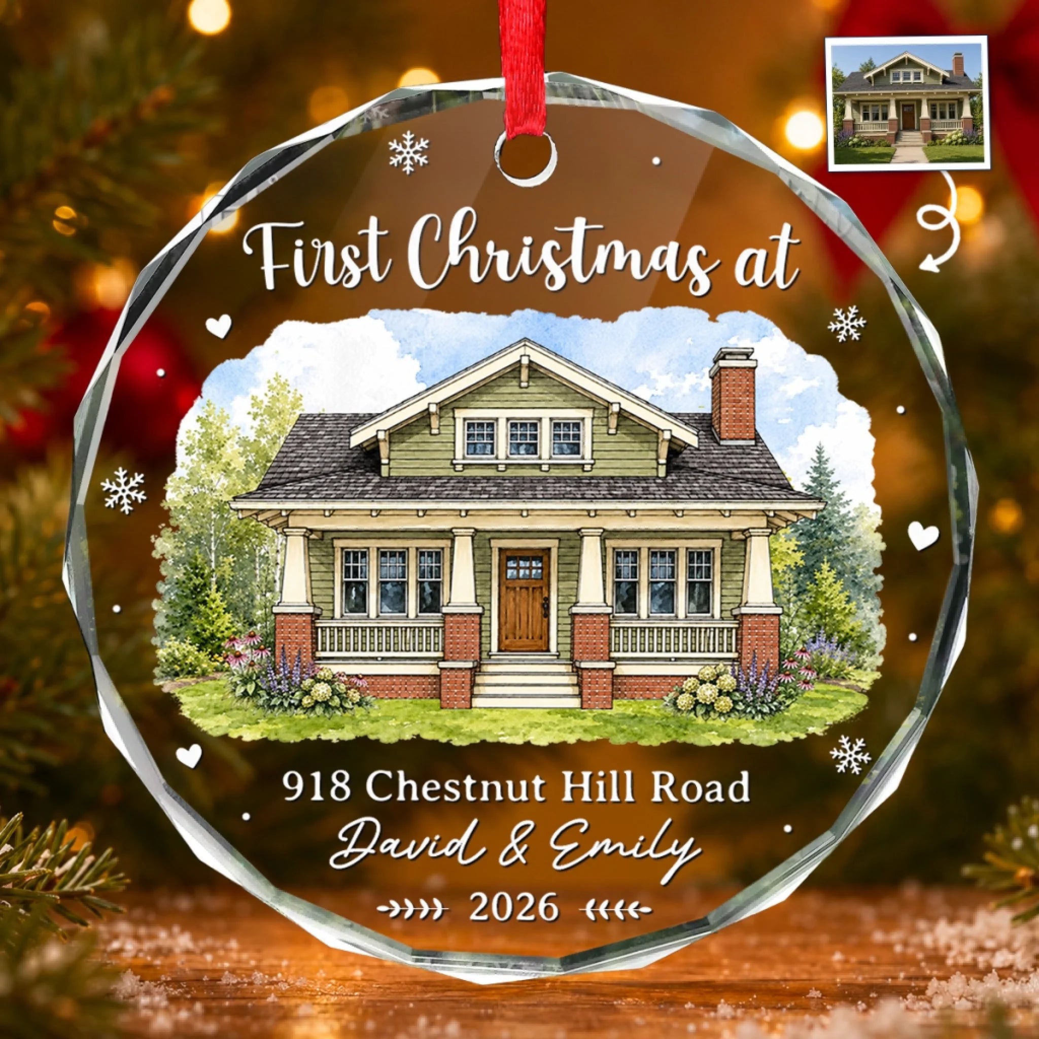 Custom Photo New Home Circle Glass Ornament, Personalized Christmas Wedding Anniversary Gift