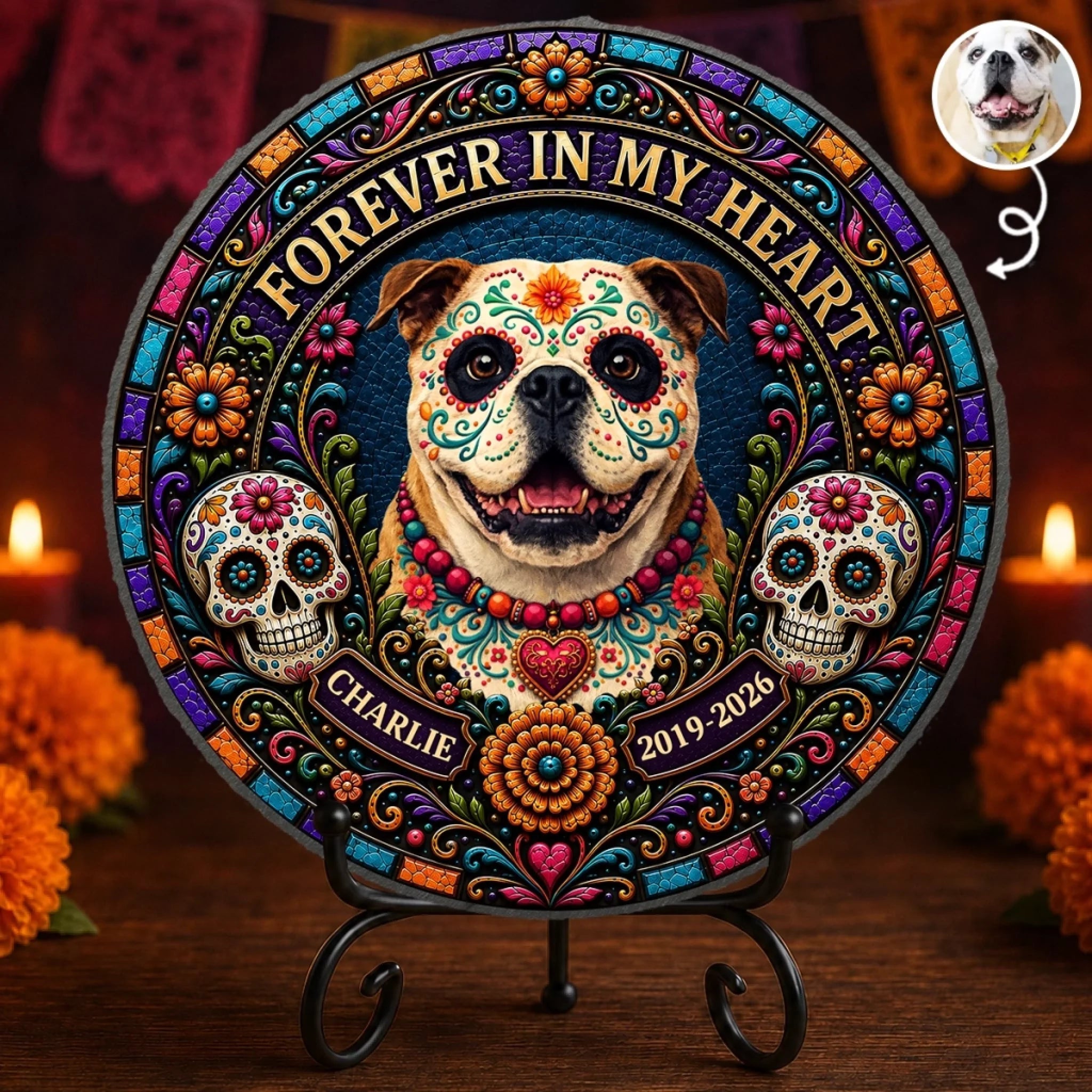 Personalized Day Of The Dead Pet Memorial Round Stone With Stand, Custom Photo Sympathy Gift