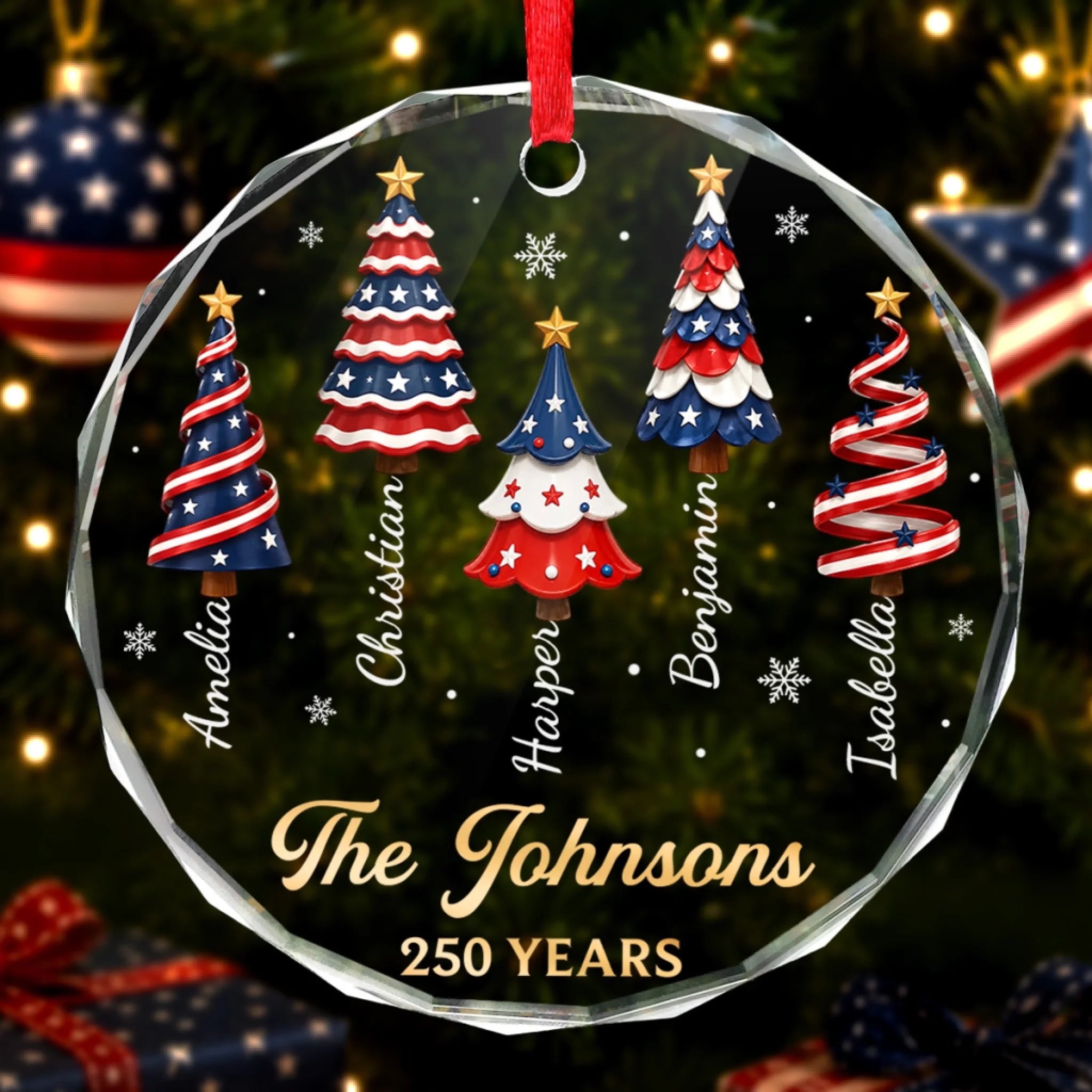 Personalized Circle Glass Ornament, America 250th Anniversary Christmas Gift for Mom Dad and Family