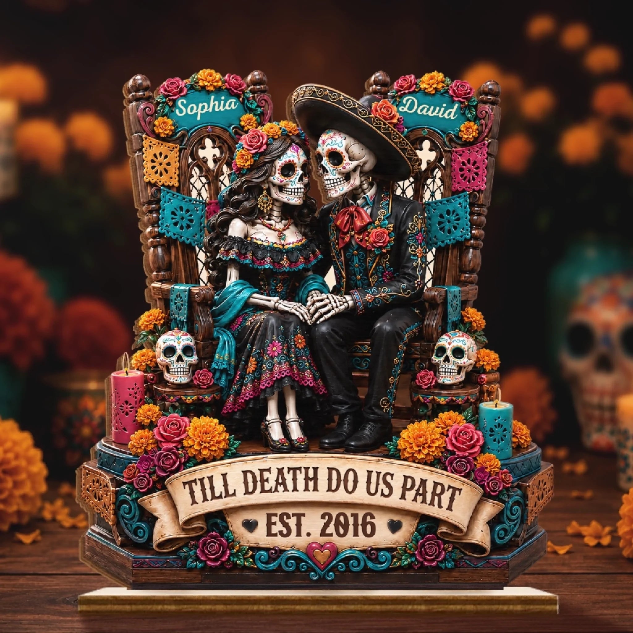 Custom Day Of The Dead 2-Layered Wooden Plaque with Flat Stand, Personalized Halloween Wedding Gift