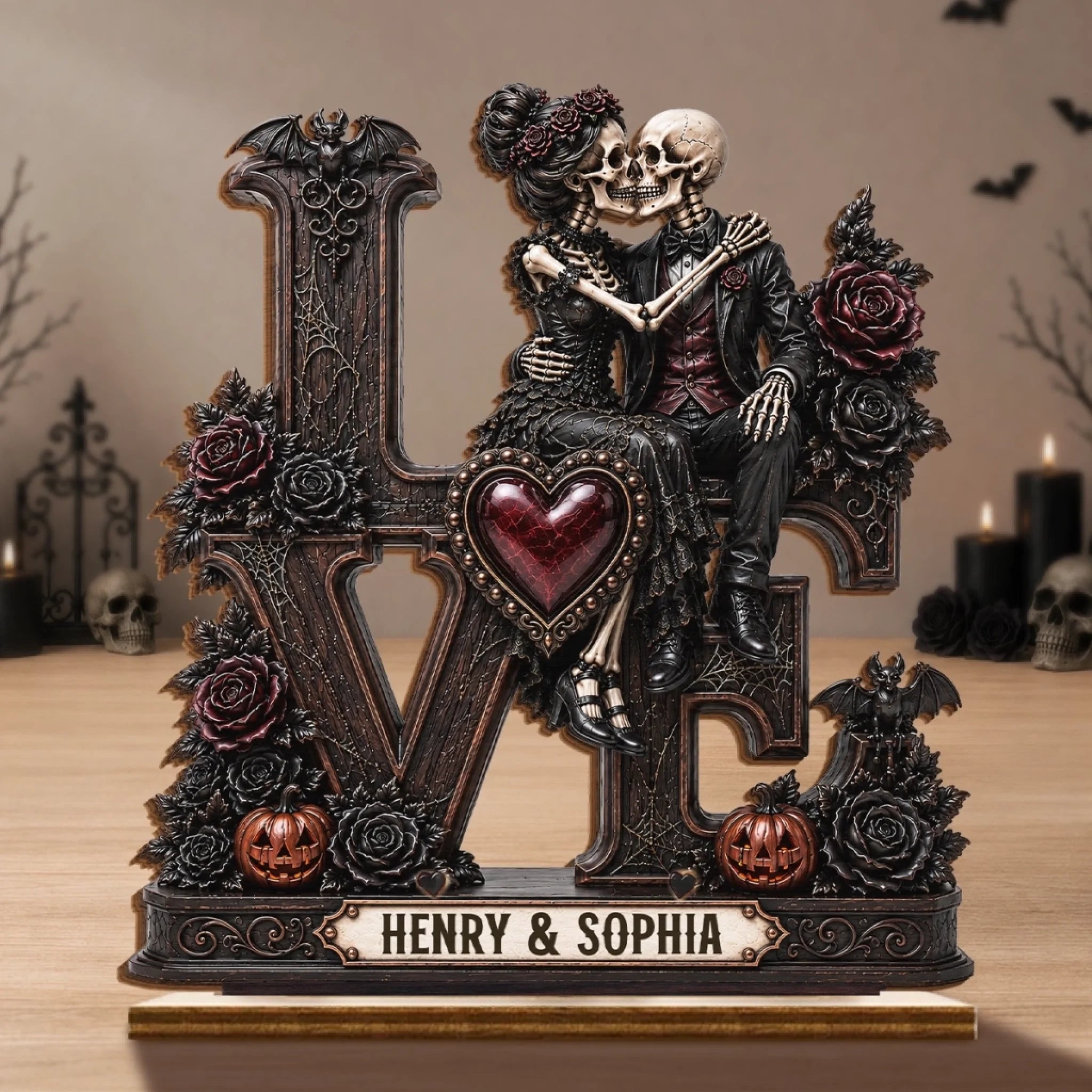 Custom Skeleton 2-Layer Wooden Plaque, Personalized Halloween Decor & Anniversary Gift for Couples