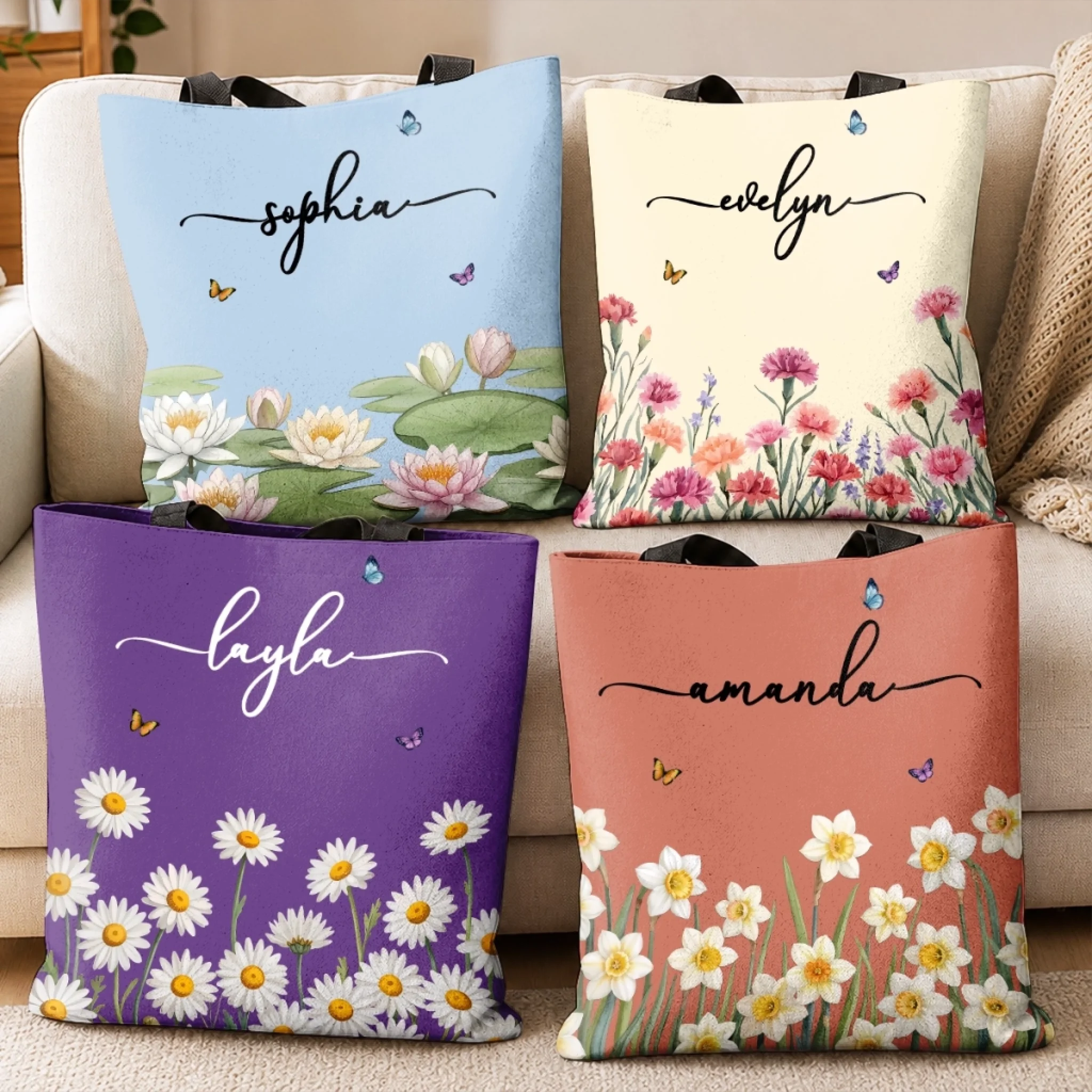 Custom All-Over Print Tote Bag, Personalized Wildflowers Heart Birthday Gift for Wife Mom Sister