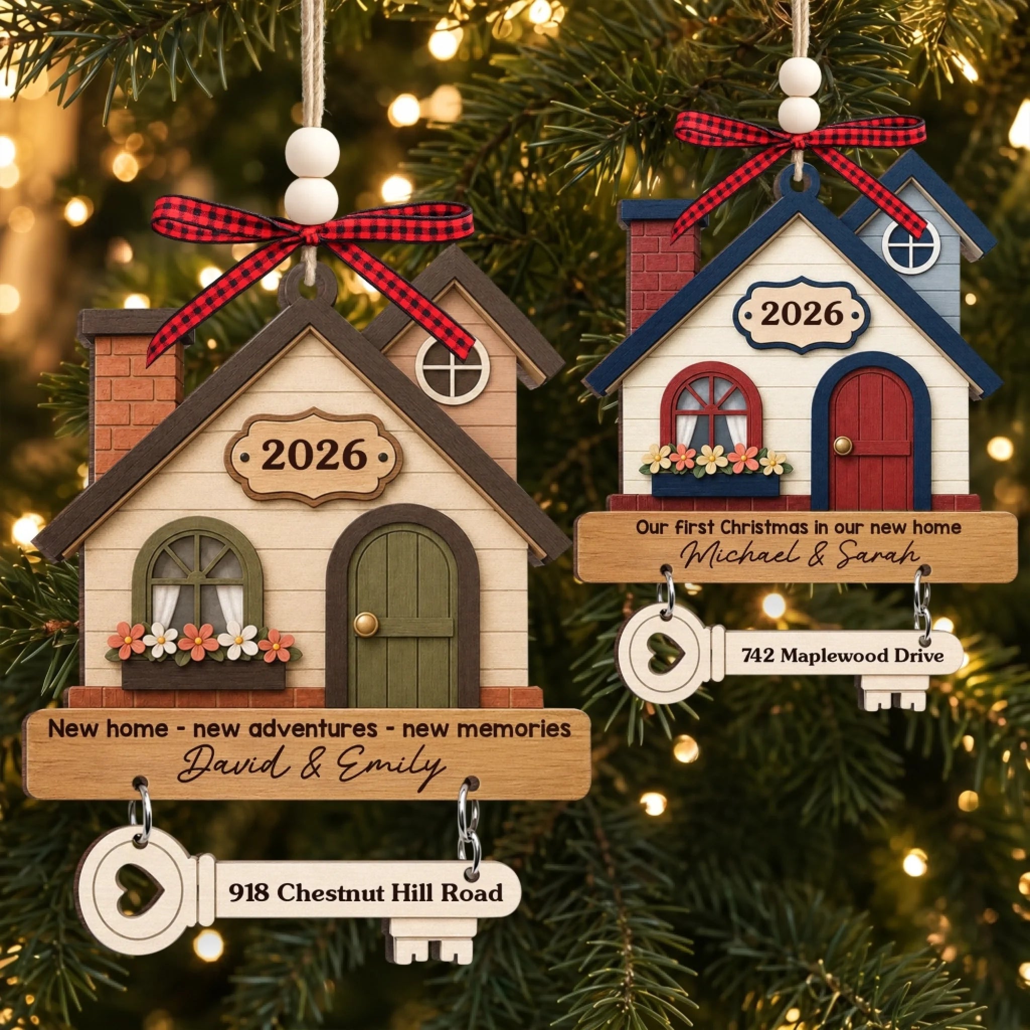 Personalized New Home Wooden Ornament With Tag, Custom Anniversary Christmas Wedding Gift for Couples