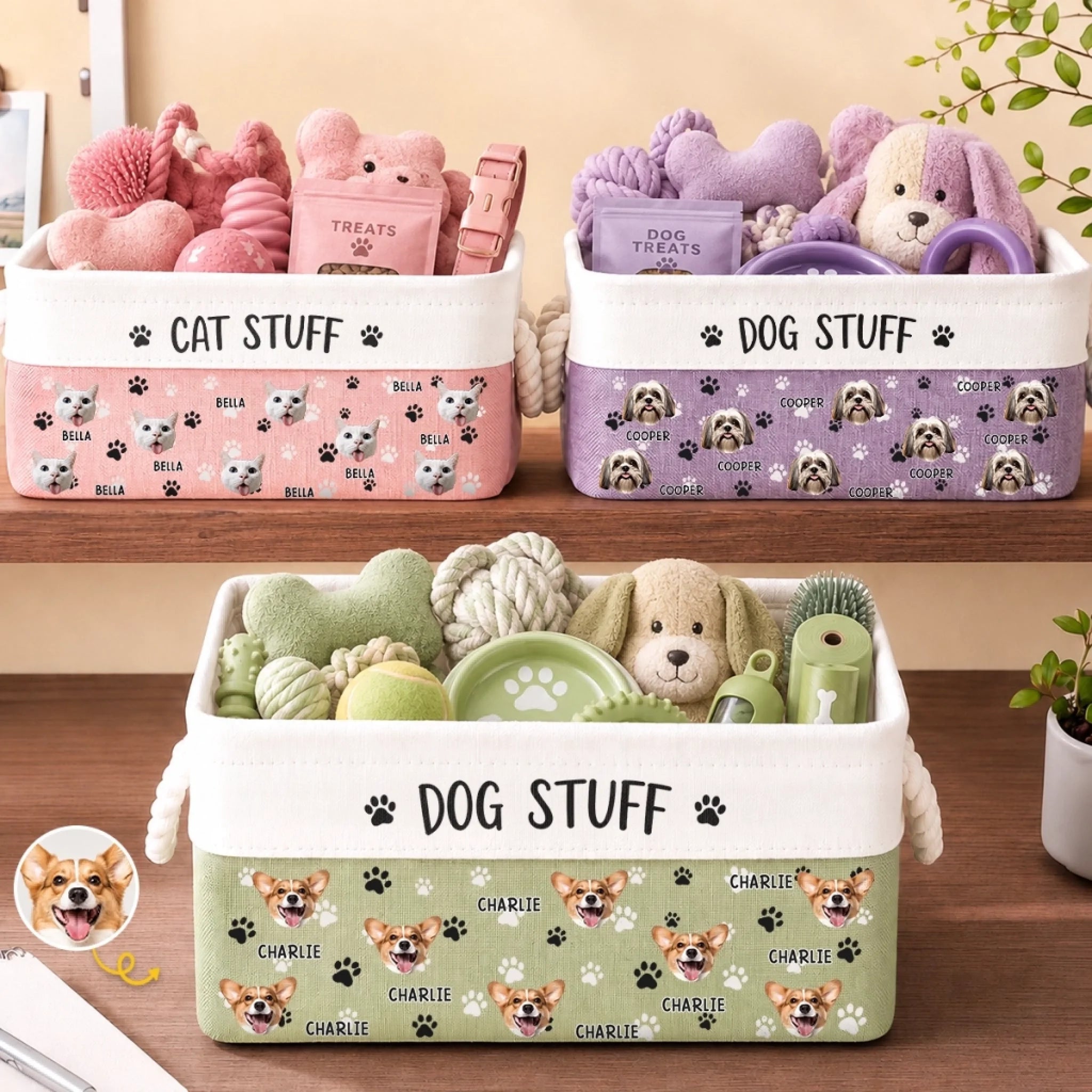 Custom Photo Storage Basket, Personalized Birthday Gift for Dog & Cat Lovers, Home Is Where Paws Are