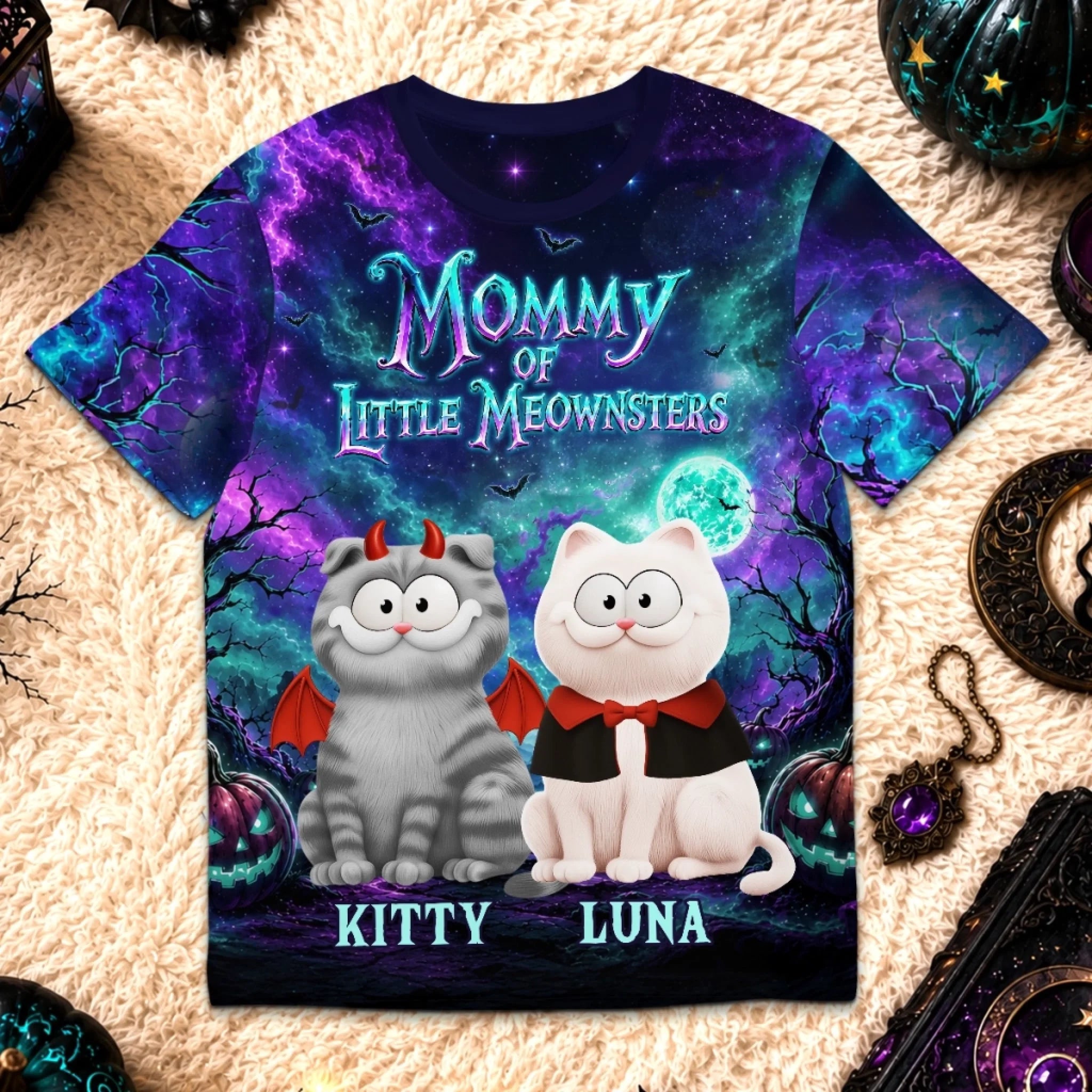 Custom T-shirt Personalized Halloween Birthday Gift for Cat Lovers Cat Mom and Dad Witchy Whiskers