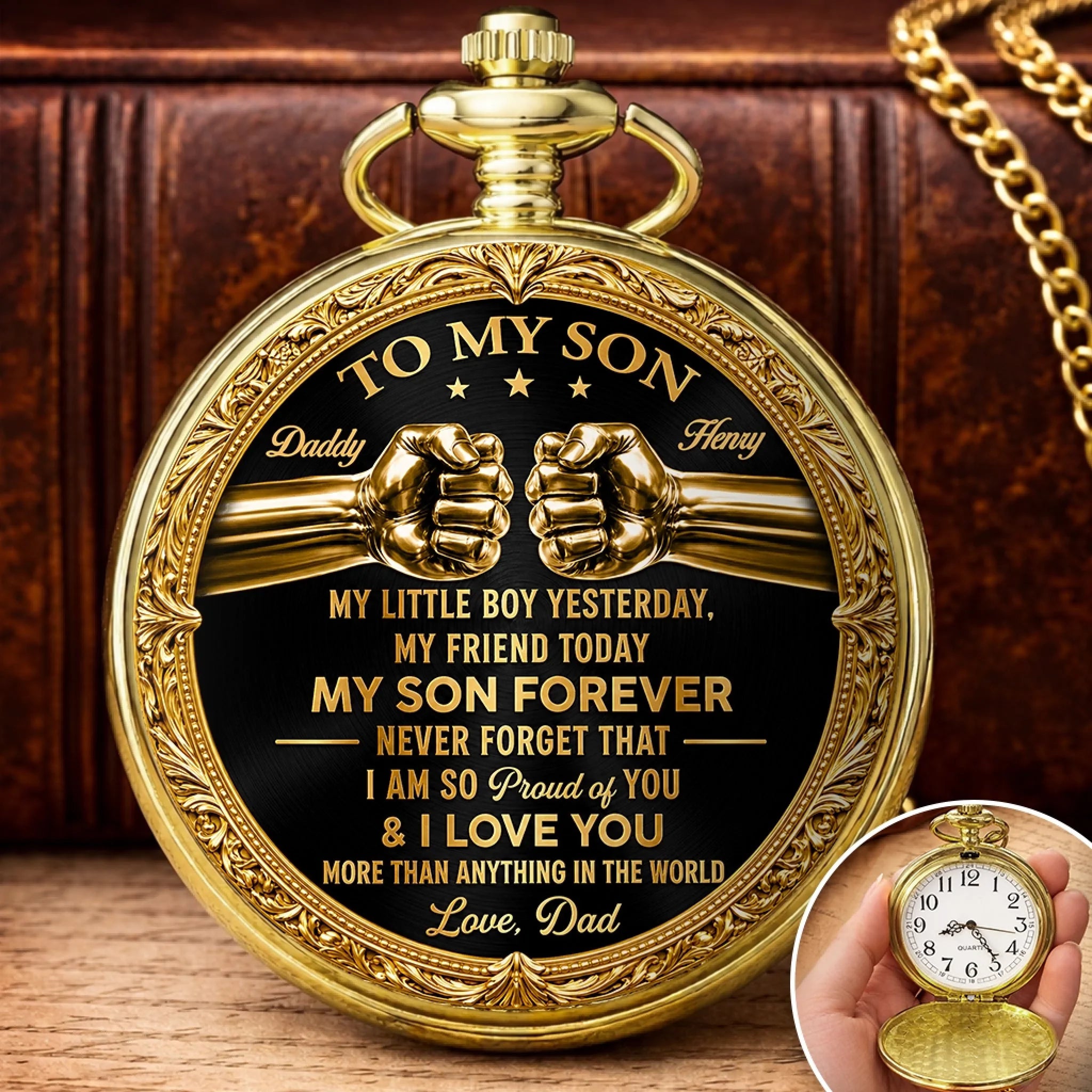 Custom Golden Pocket Watch for Son, Personalized Birthday Gift, My Hero and My Pride