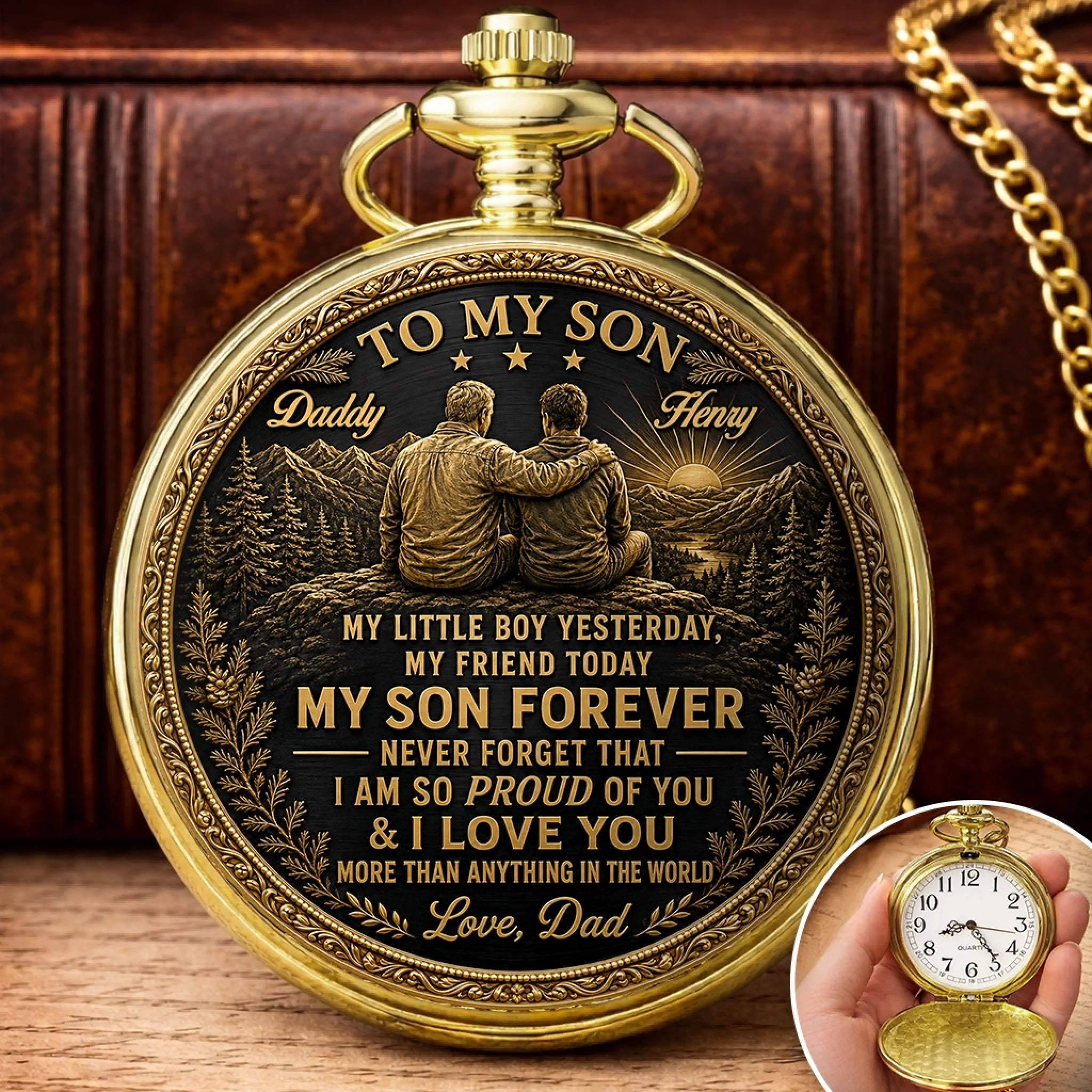 Personalized Golden Pocket Watch for Son, Custom Birthday Gift, Forever My Son and Best Friend