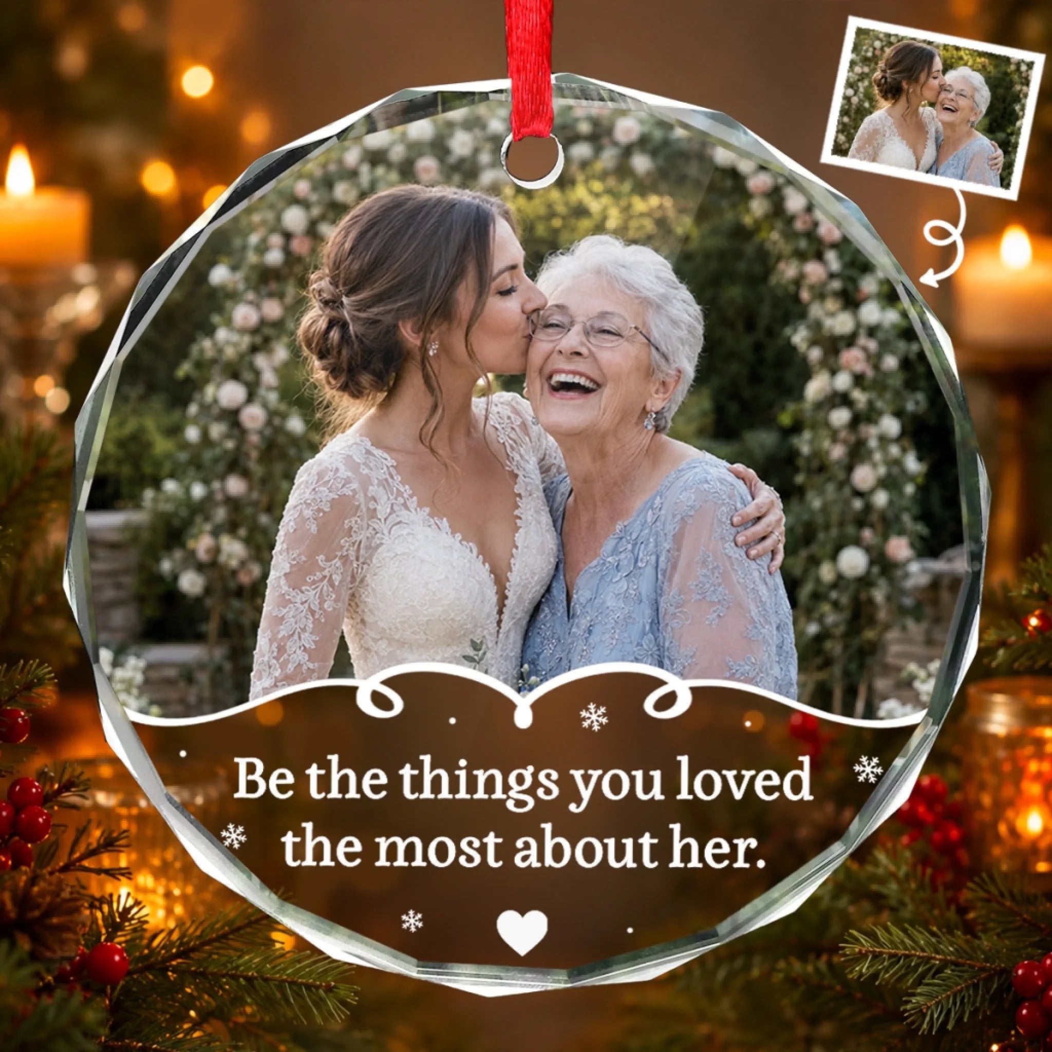 Personalized Photo Circle Glass Ornament, Christmas Memorial Sympathy Gift for Loss of Mom or Dad