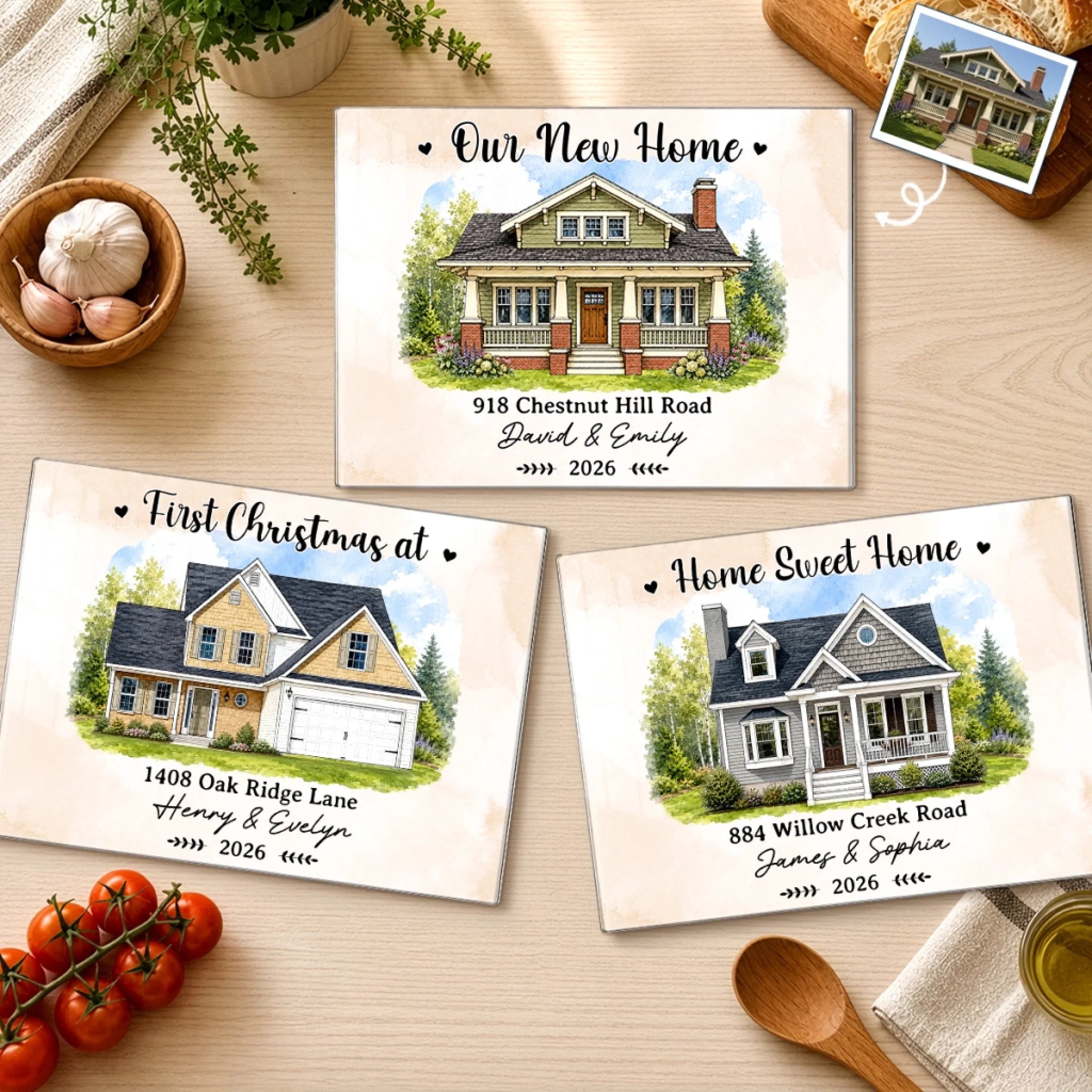 Custom Photo New Home Tempered Glass Cutting Board, Personalized Anniversary Wedding Gift for Couples