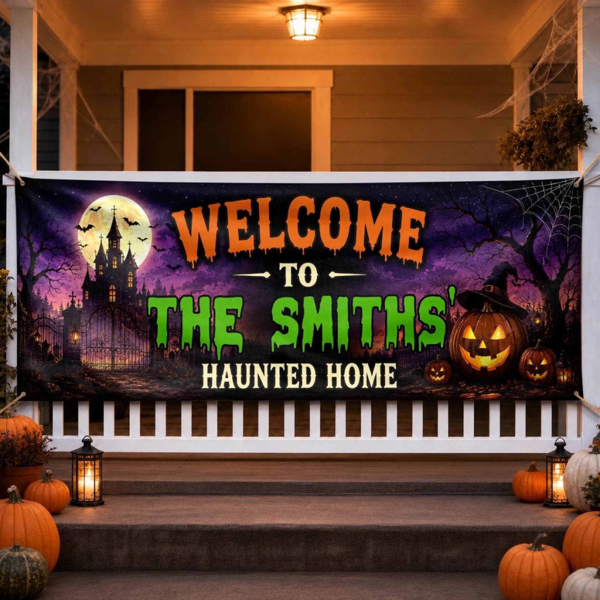Custom Haunted Home Outdoor Fabric Banner, Personalized Halloween Decor Gift for Mom Dad Brother Sister