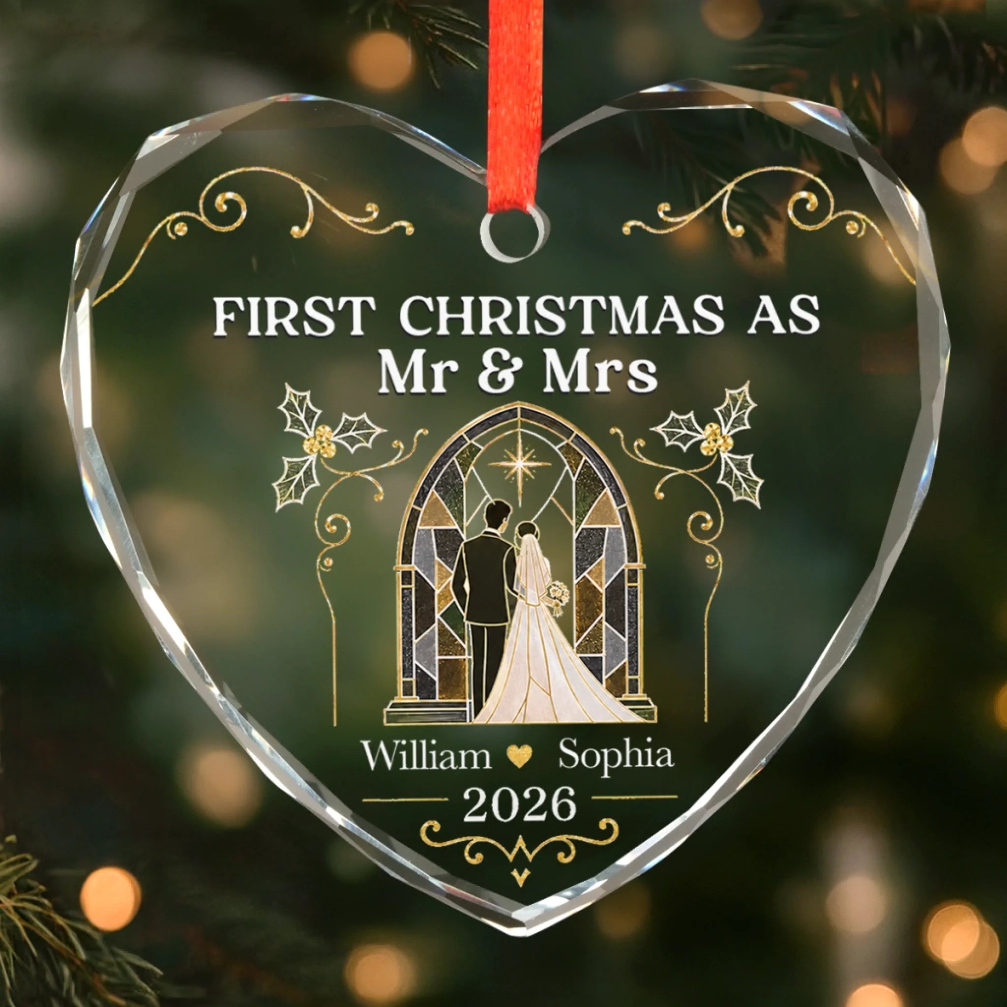Custom First Christmas Heart Glass Ornament, Personalized Wedding Anniversary Gift for Husband and Wife