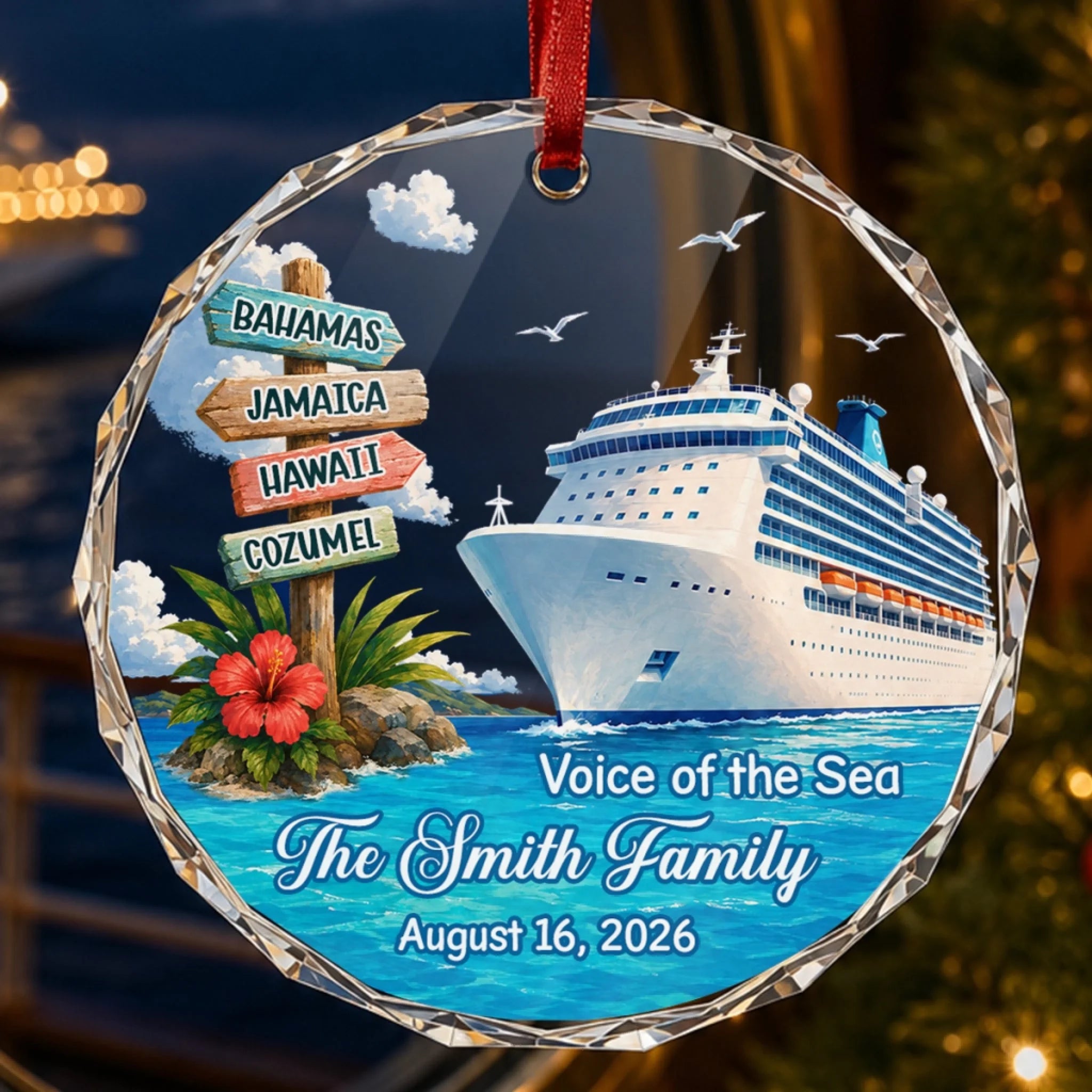 Custom Cruise Ship Circle Glass Ornament, Personalized Christmas or Birthday Gift for Family