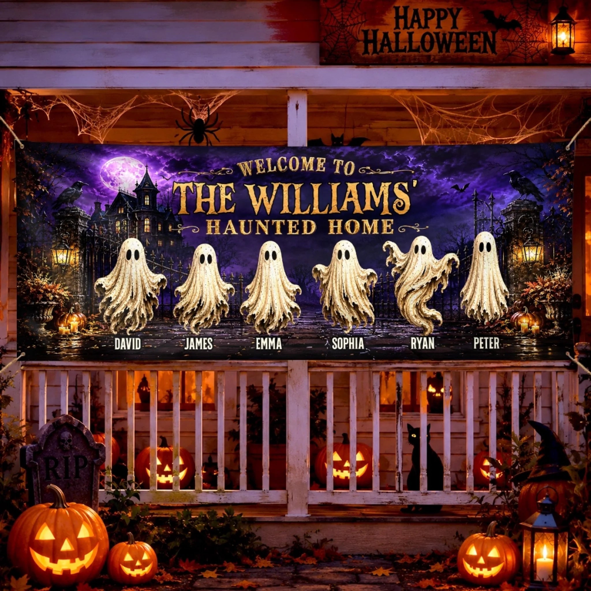 Custom Haunted Home Outdoor Fabric Banner, Personalized Beware of Our House Halloween Gift