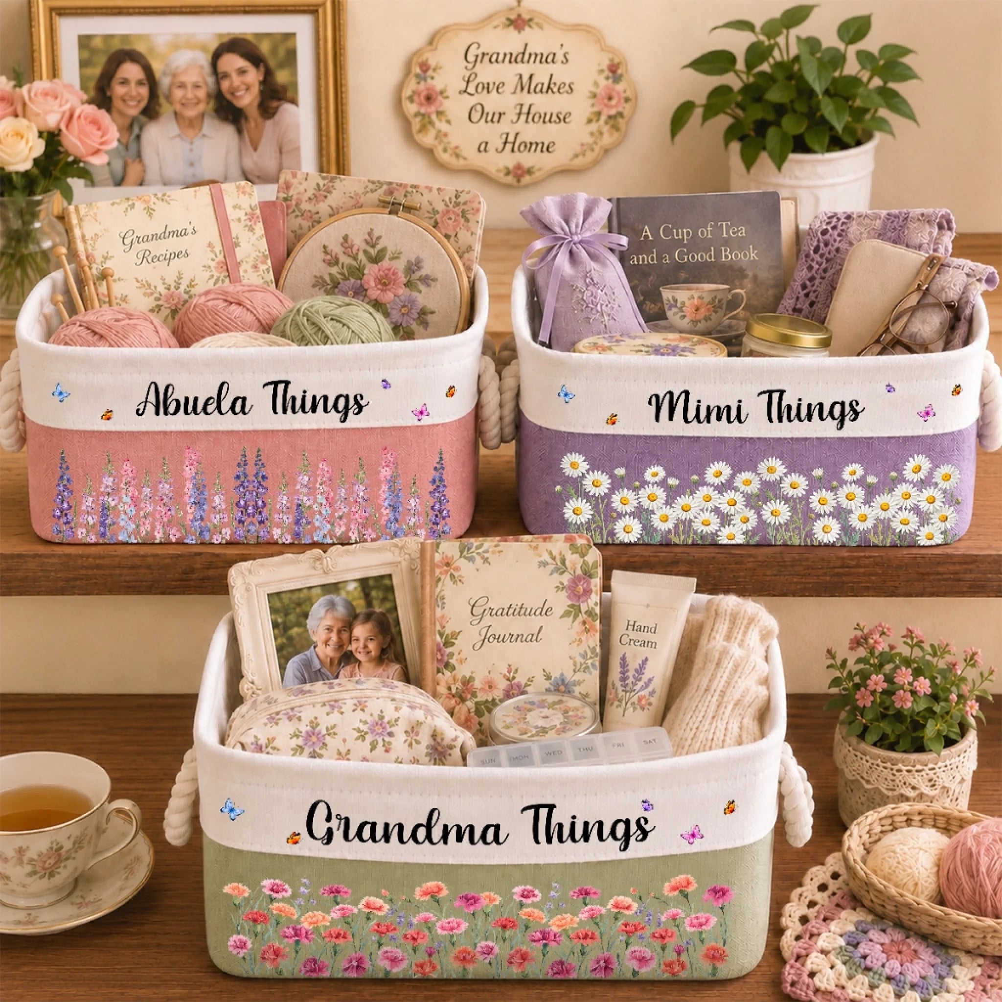 Personalized Custom Storage Basket, Blooming With Family Love Birthday Gift for Mom or Grandma