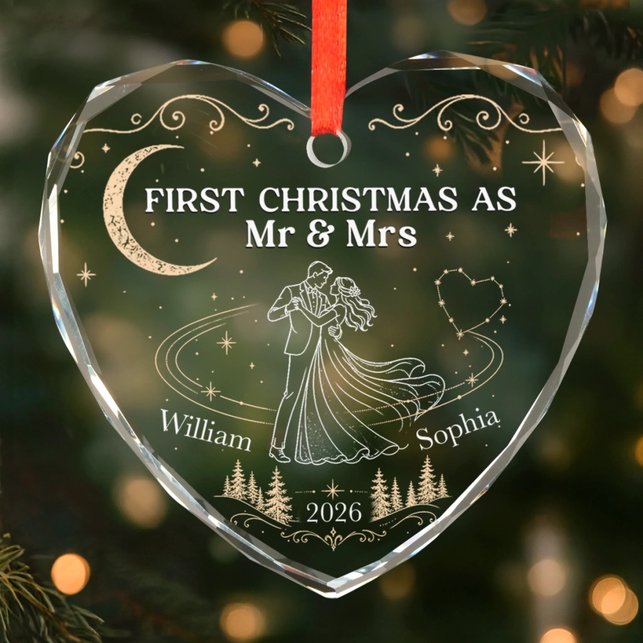 Custom First Christmas Heart Glass Ornament, Personalized Mr & Mrs Wedding Anniversary Gift