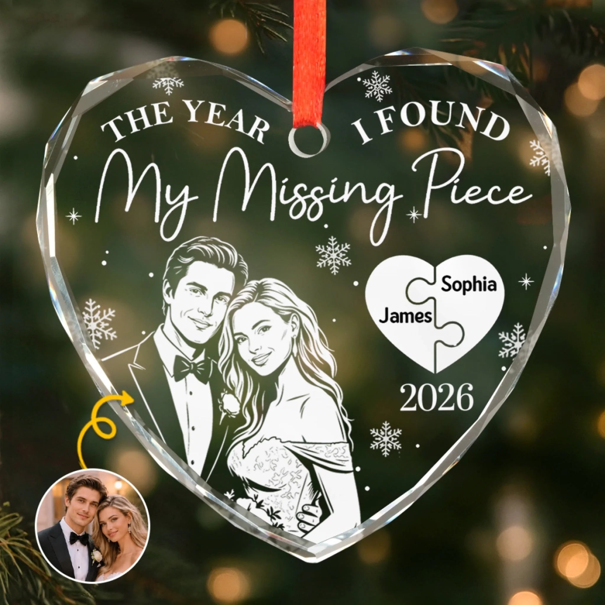 Custom Photo First Christmas Heart Glass Ornament, Personalized Forever My Missing Piece Anniversary Gift