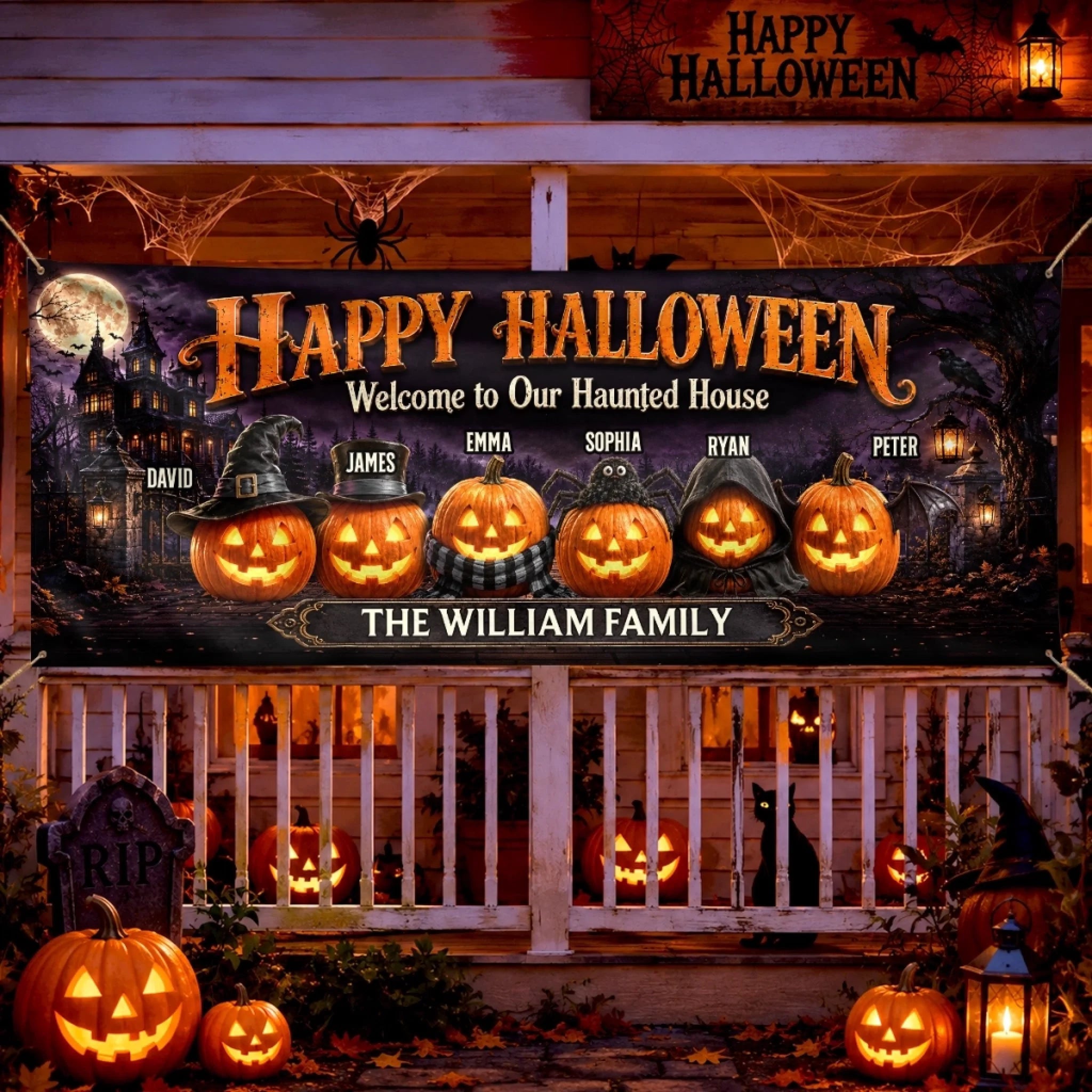 Custom Haunted Home Outdoor Banner, Personalized Halloween Fabric Banner Gift for Mom Dad Siblings
