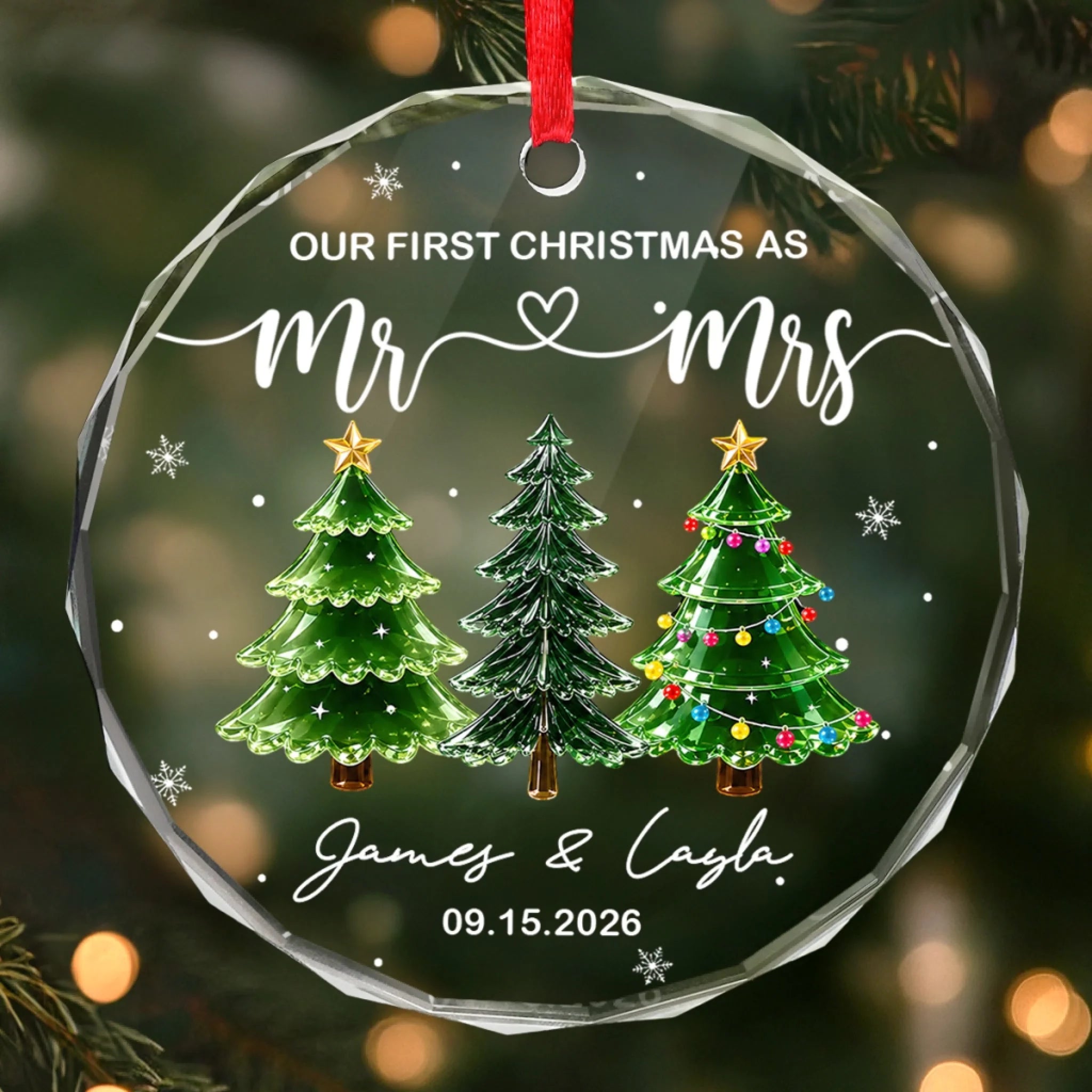 Custom First Christmas Circle Glass Ornament, Personalized Wedding Anniversary Gift for Couples