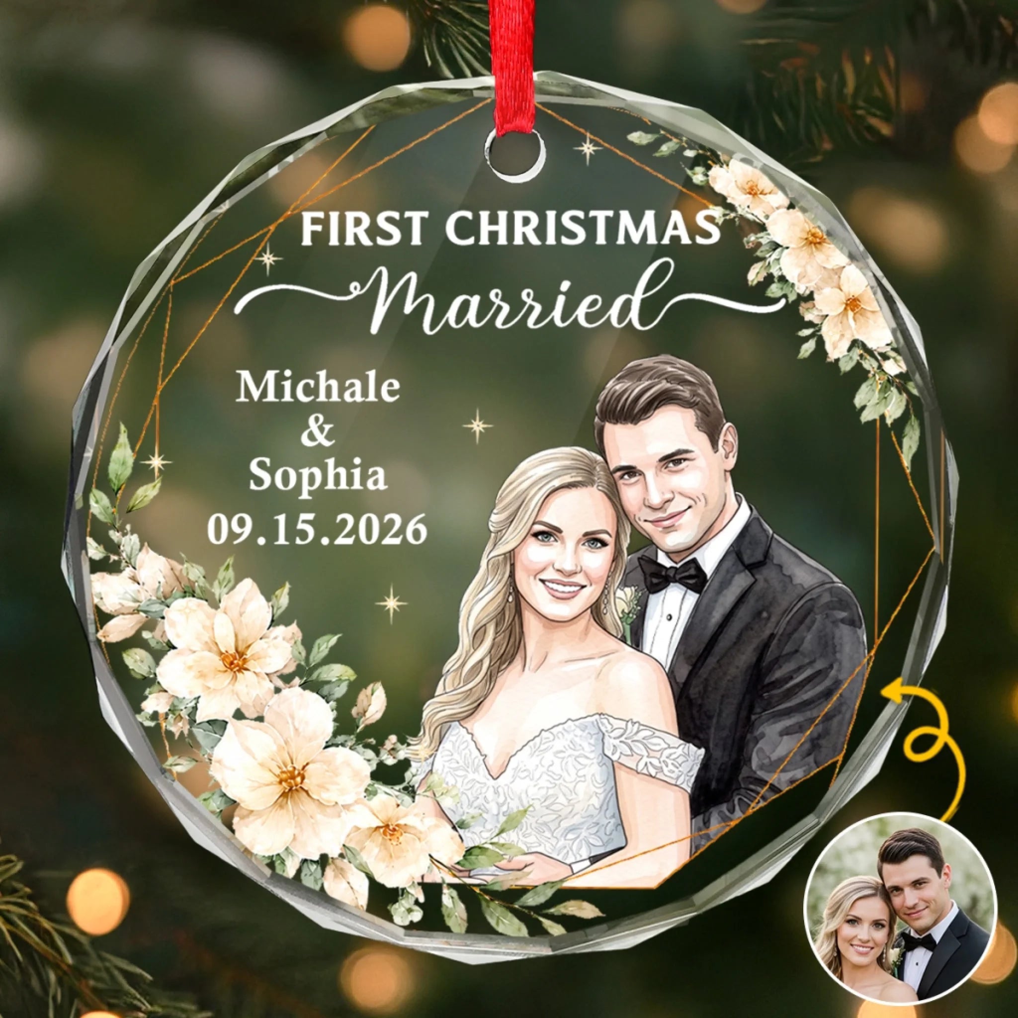 Custom Photo First Christmas Circle Glass Ornament Personalized Wedding Anniversary Gift for Couple