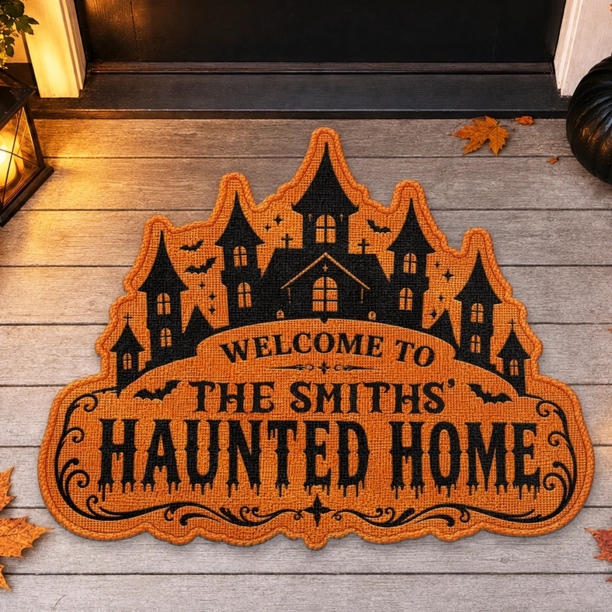 Custom Shaped Doormat, Personalized Halloween Decor Gift for Mom Dad, Haunted With Love