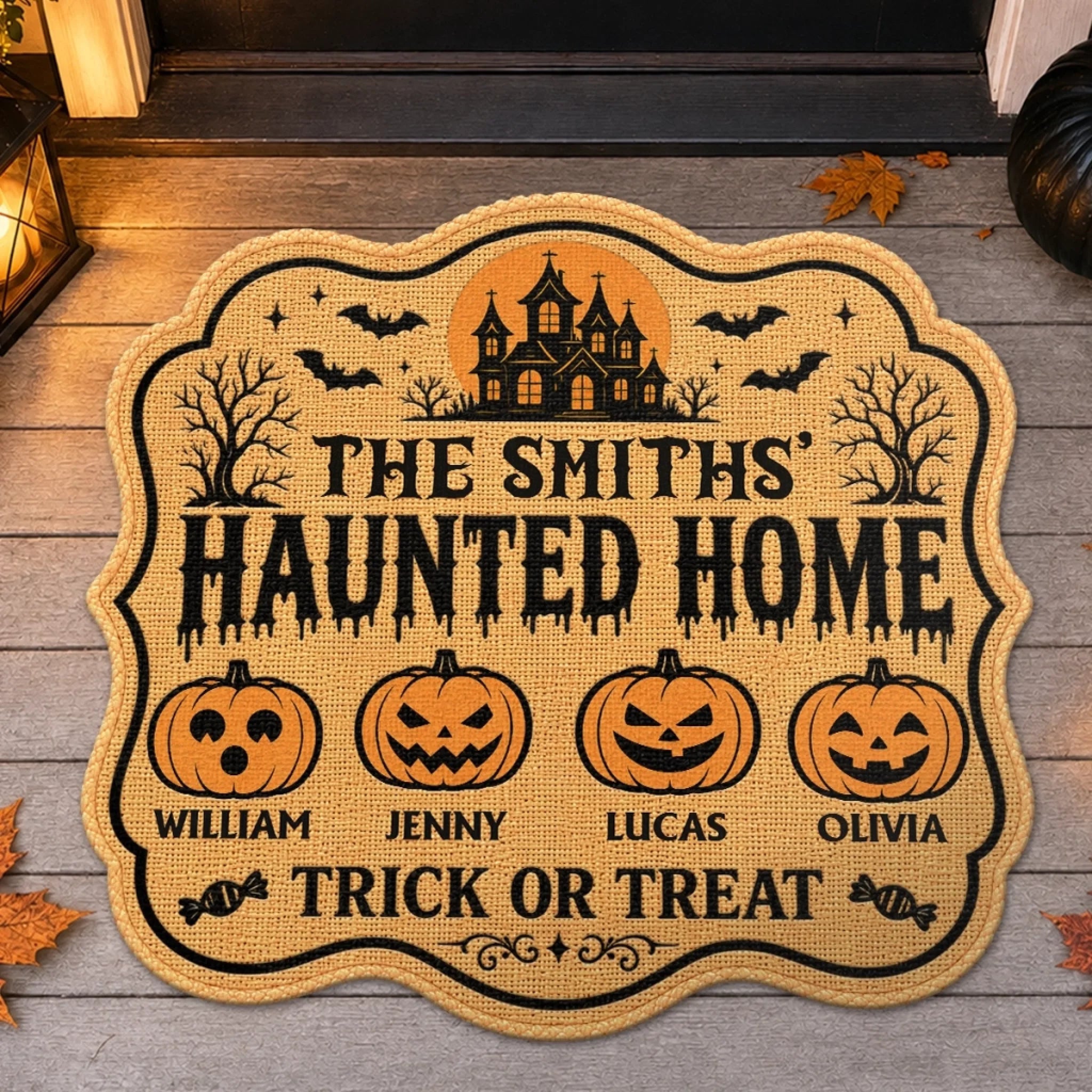 Custom Pumpkin Shaped Doormat Personalized Halloween Decor Gift for Mom Dad Brother Sister Kids