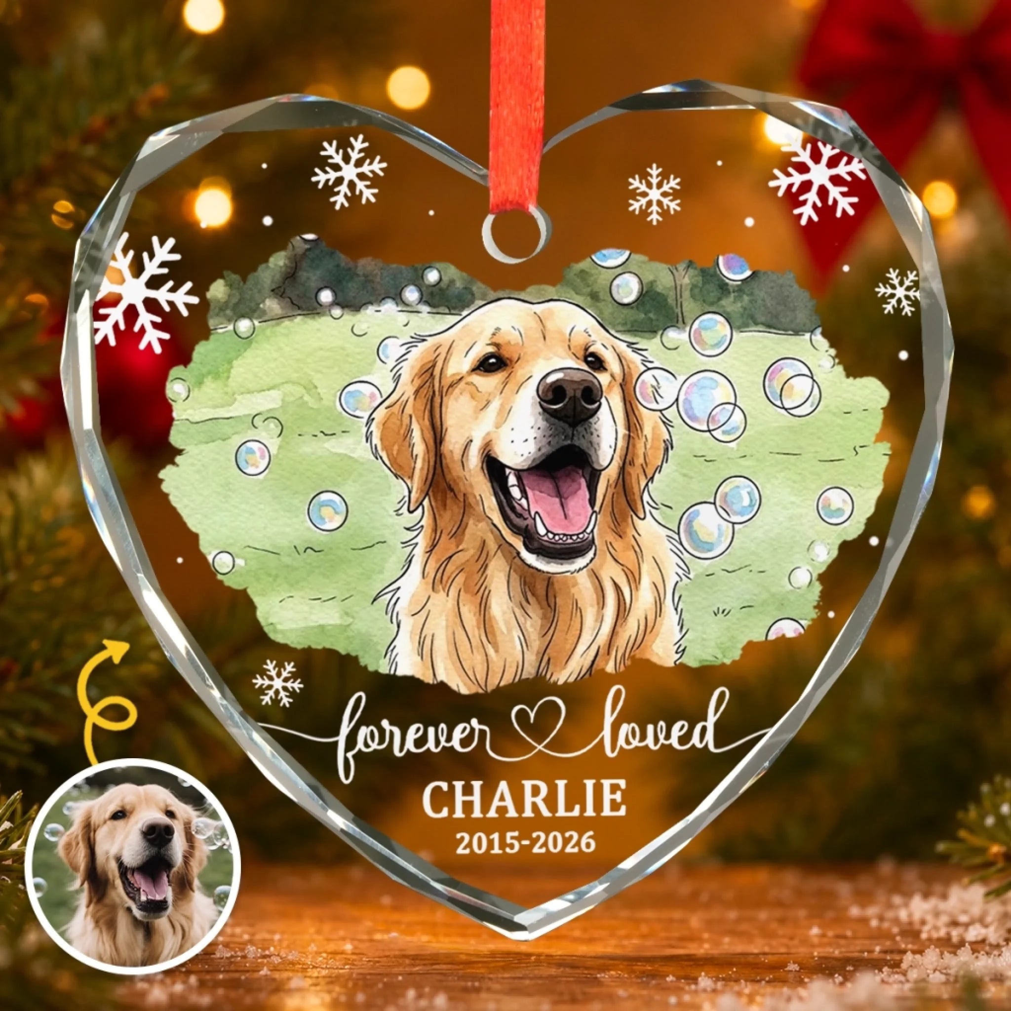 Custom Photo Heart Glass Ornament - Personalized Pet Memorial Christmas Gift for Dogs and Cats