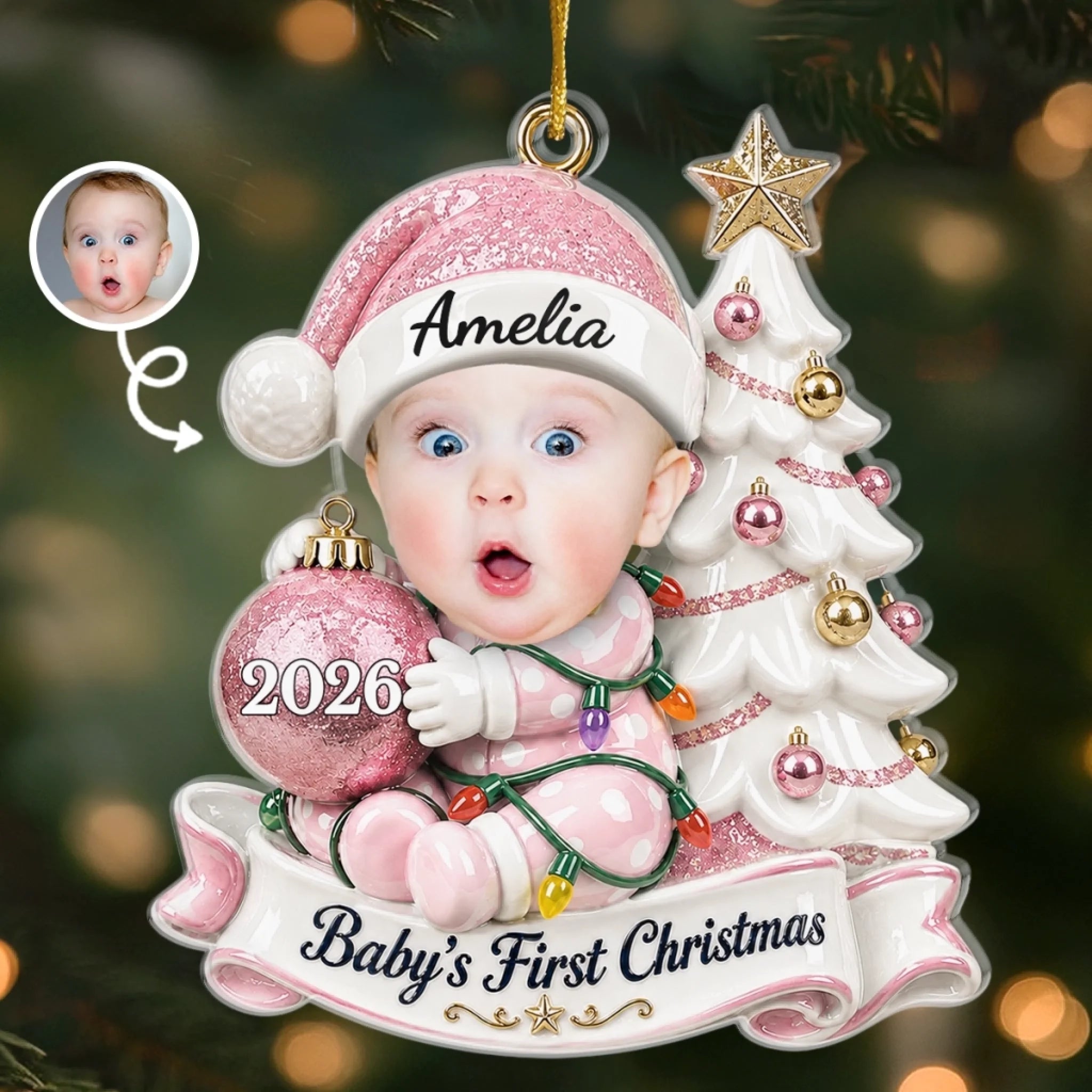 Custom Photo First Christmas Acrylic Ornament - Personalized Baby Shower Gift for New Parents