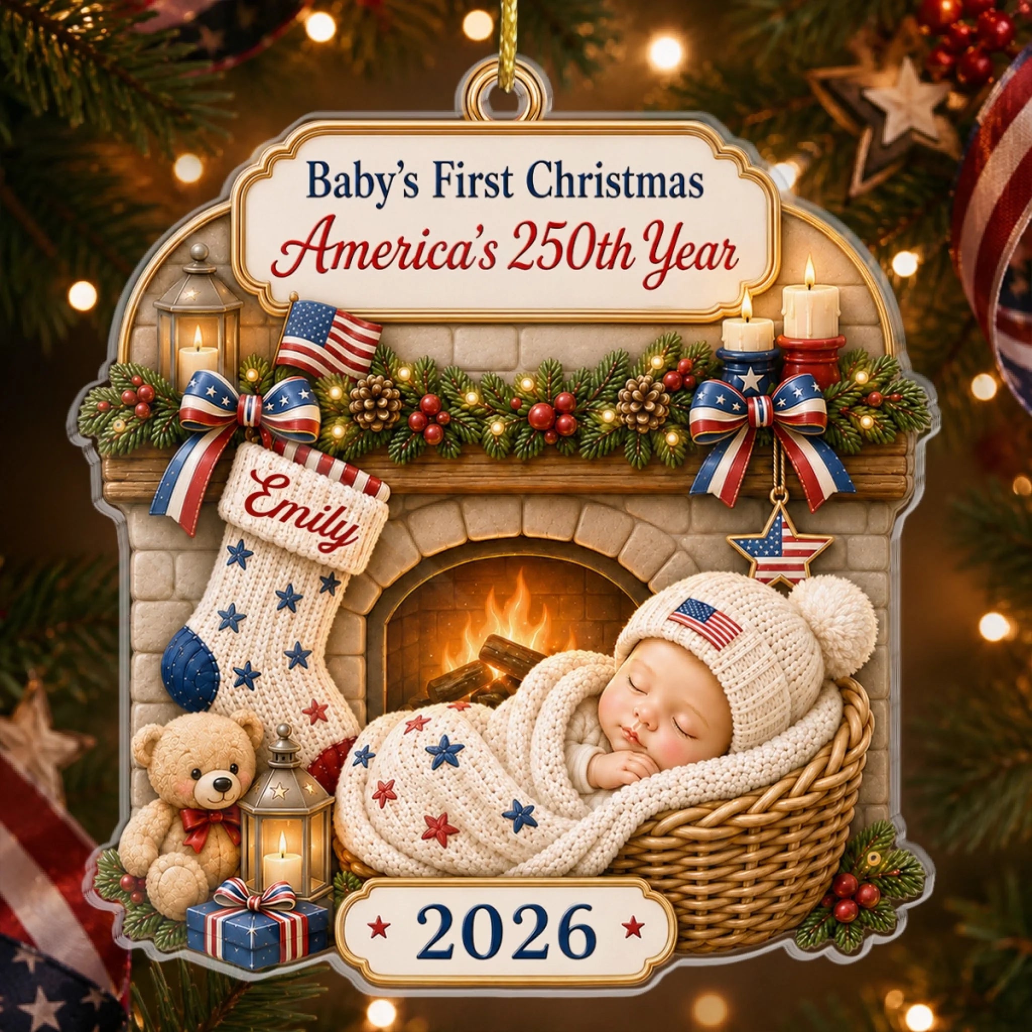 Custom First Christmas Acrylic Ornament, Personalized America 250th Anniversary Gift for New Parents