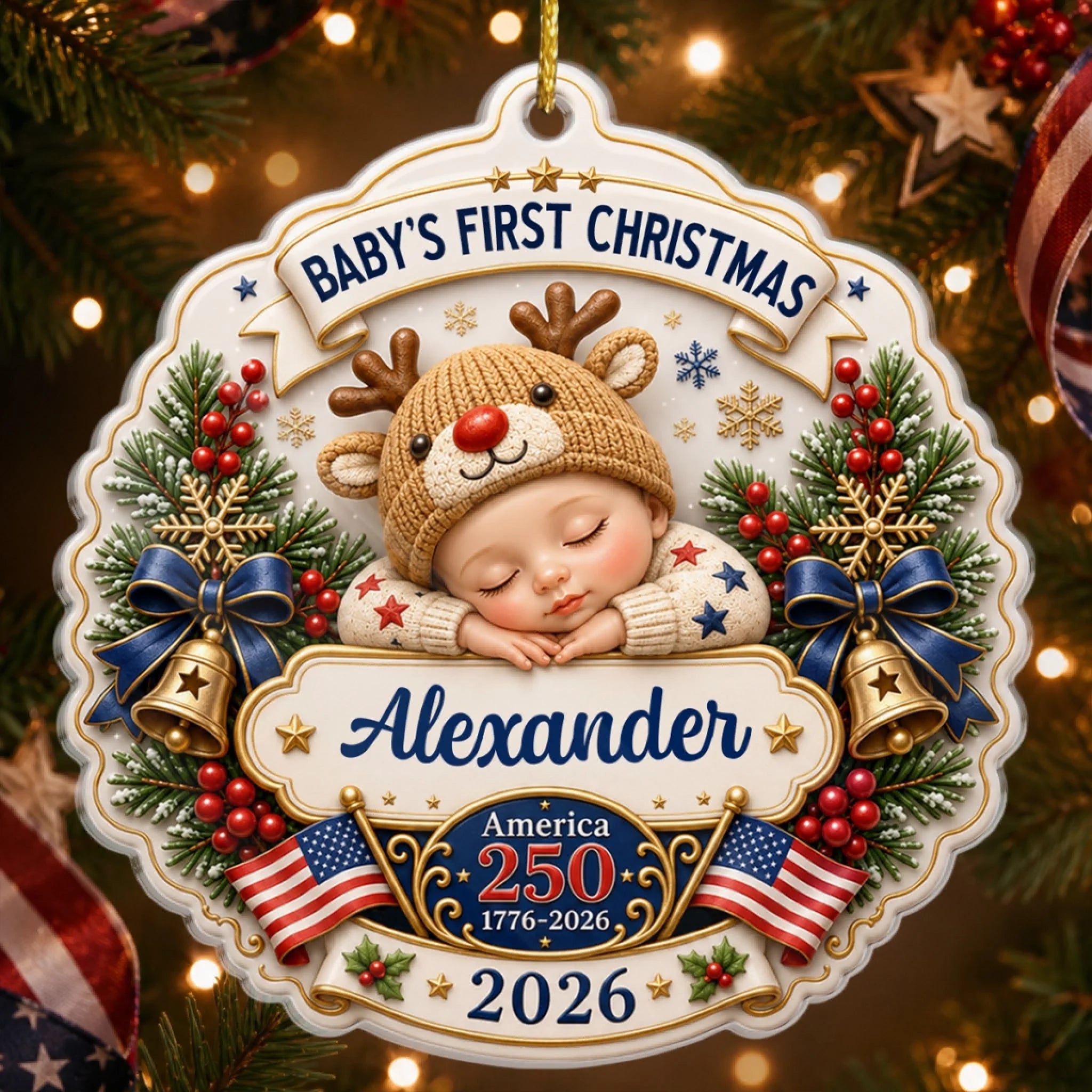 Personalized First Christmas Acrylic Ornament, America 250th Anniversary Gift for New Parents